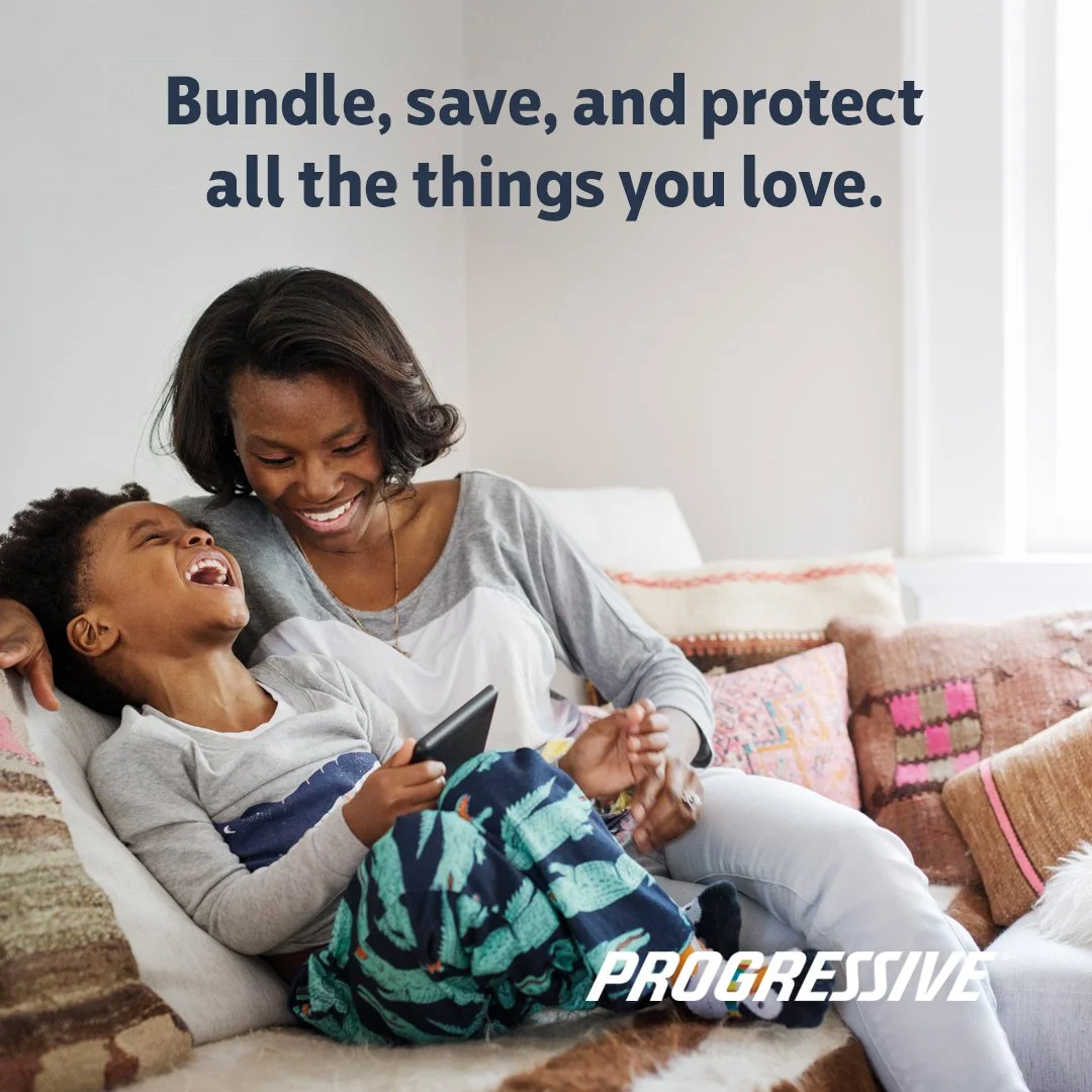 A woman and a young boy sitting on a couch, laughing and enjoying time together, with a text overlay that reads 'Bundle, save, and protect all the things you love.'