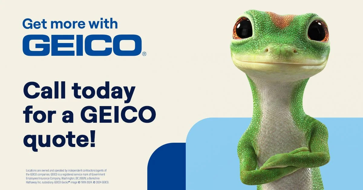 A green gecko with big black eyes, crossing arms, and a slight smile on its face, positioned next to a promotional message for GEICO insurance.