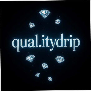 The logo for qual.itydrip featuring the word 'qual.itydrip' surrounded by floating diamonds on a black background.