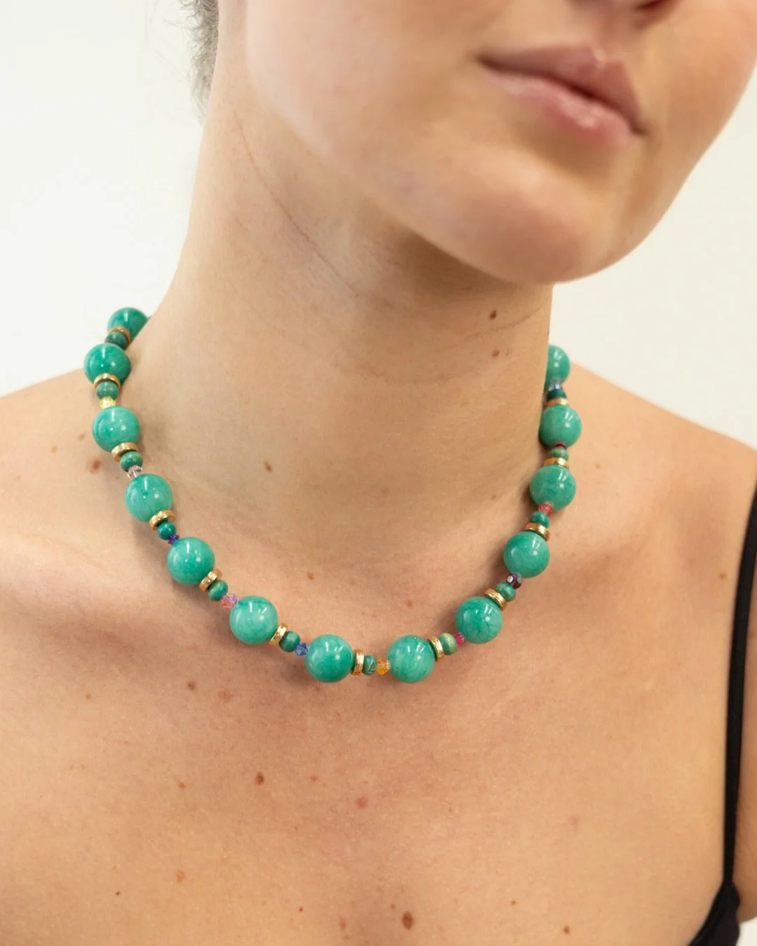 Chrysoprase Treasure, A Mrs McPearl Statement Piece. 

Chrysoprase is loved for its uplifting energy, healing properties and striking beauty, and in true Mrs McPearl fashion, each bead is thoughtfully balanced with complementary tones and her signatu