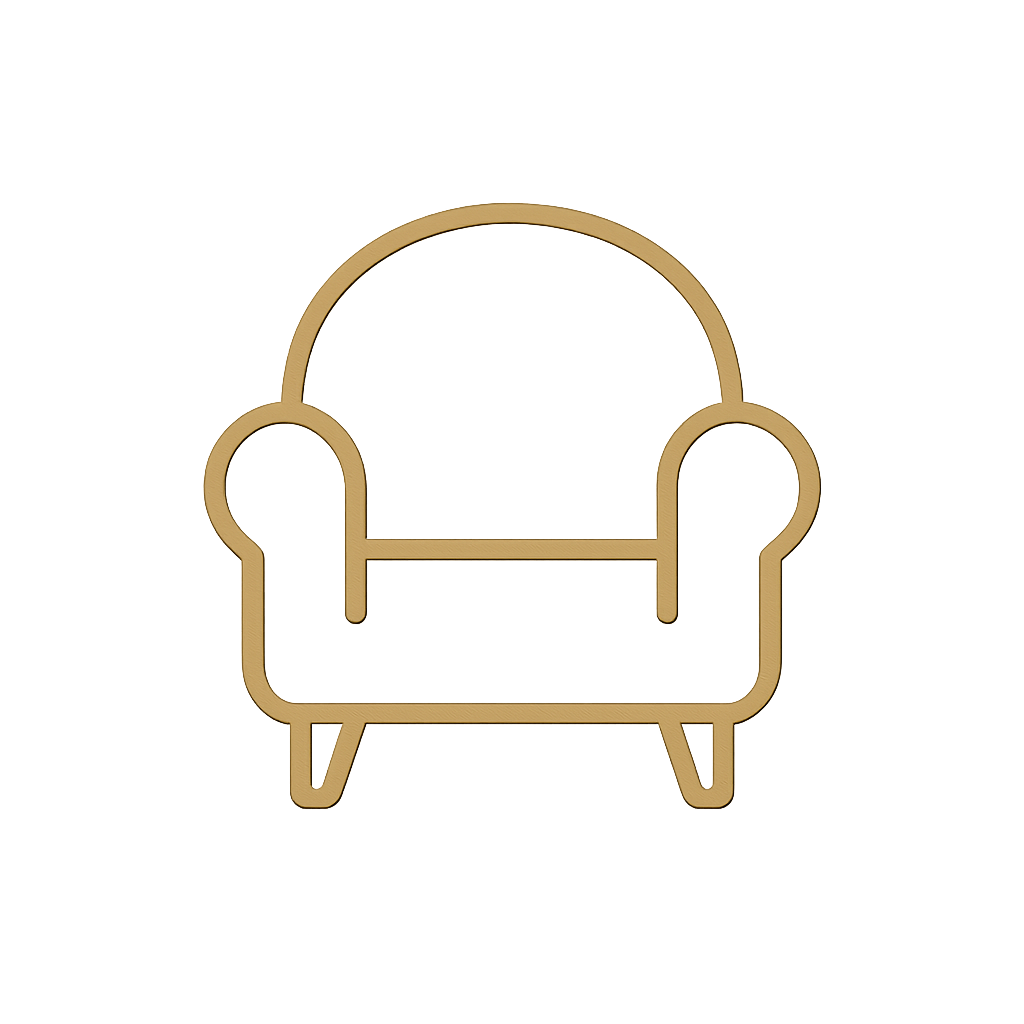 Neon sign of a sofa with a glowing yellow outline against a dark background.