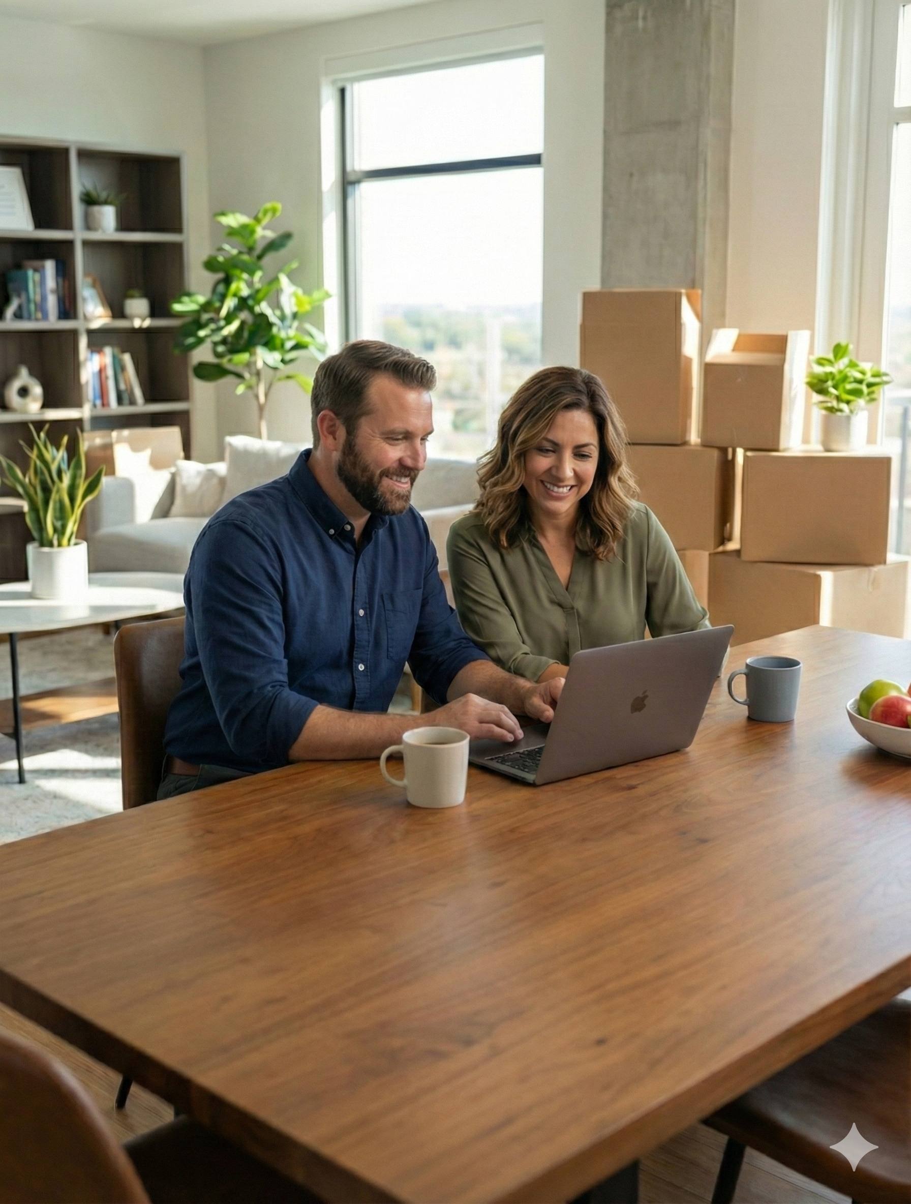 A man and woman sitting at a wooden table, looking at a laptop and smiling, in a bright living room with large windows, houseplants, and cardboard boxes.