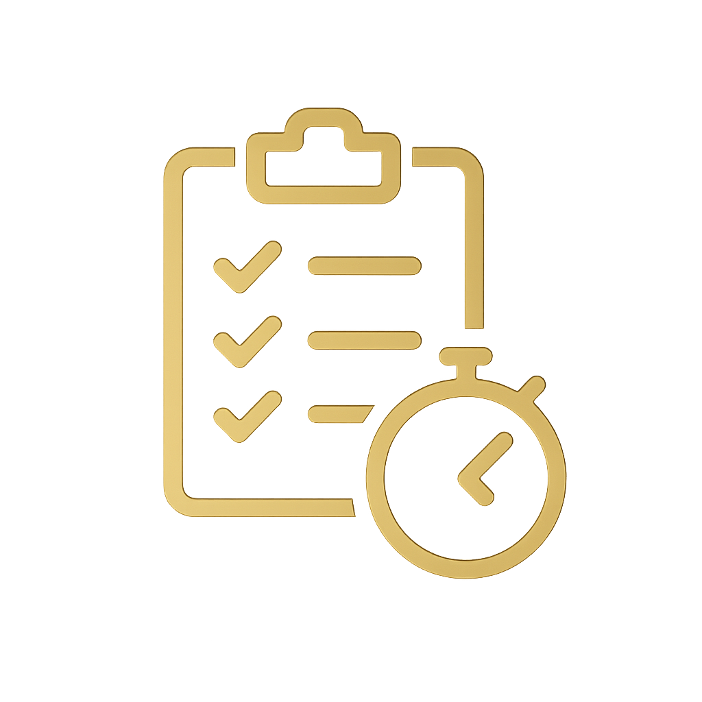 Gold icon of a checklist on a clipboard with a stopwatch symbol in the foreground.