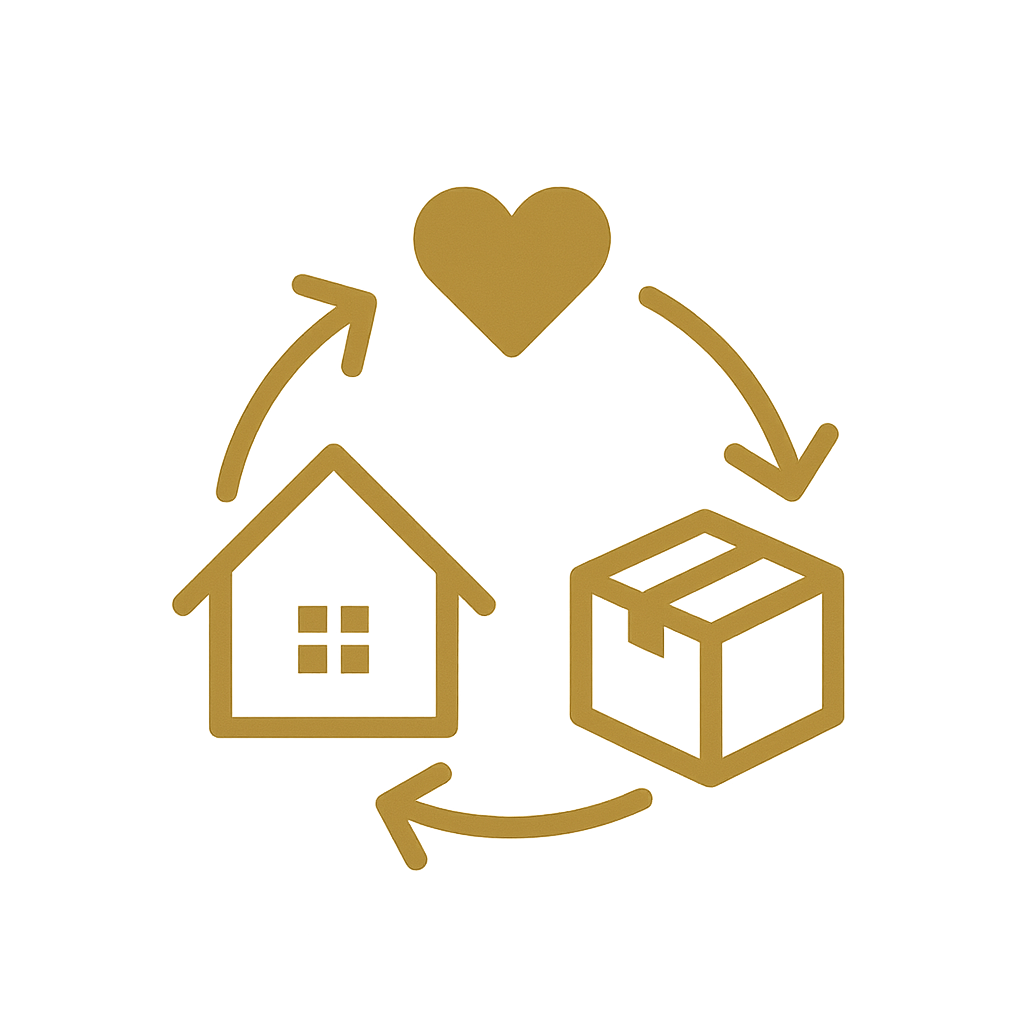 A gold-colored diagram showing the cycle of home and package delivery with a heart symbolizing love or care.
