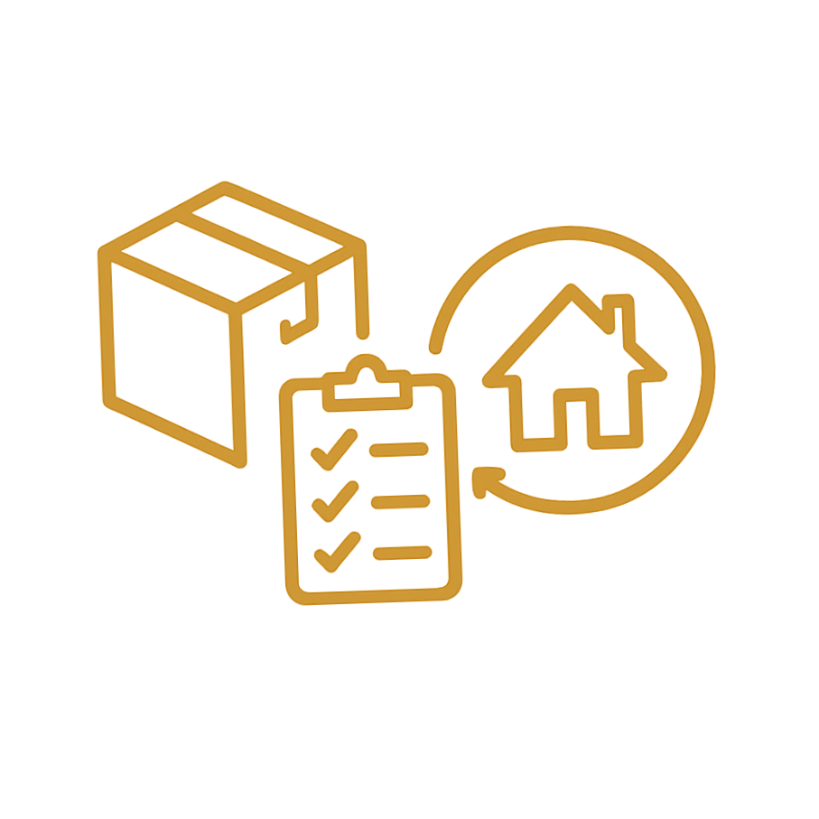 Gold line drawing of a house, a checklist, a house icon with a circular arrow, and a box.