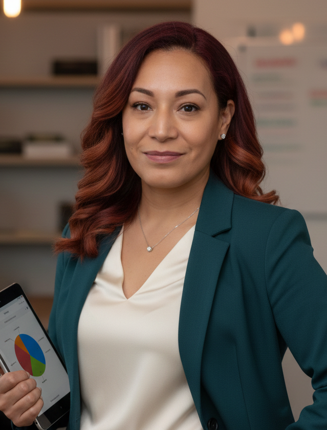 A woman with red hair holding a smartphone displaying a colorful pie chart, standing in an office setting.