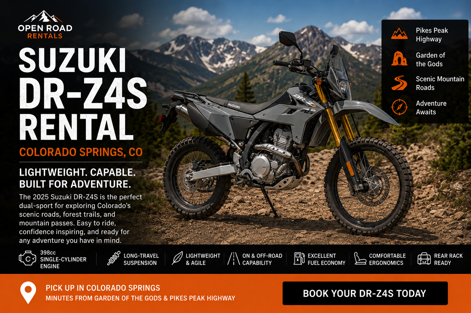 Advertisement for Suzuki DR-Z4S motorcycle rental in Colorado Springs, Colorado, with a mountain landscape in the background and icons for various scenic routes.