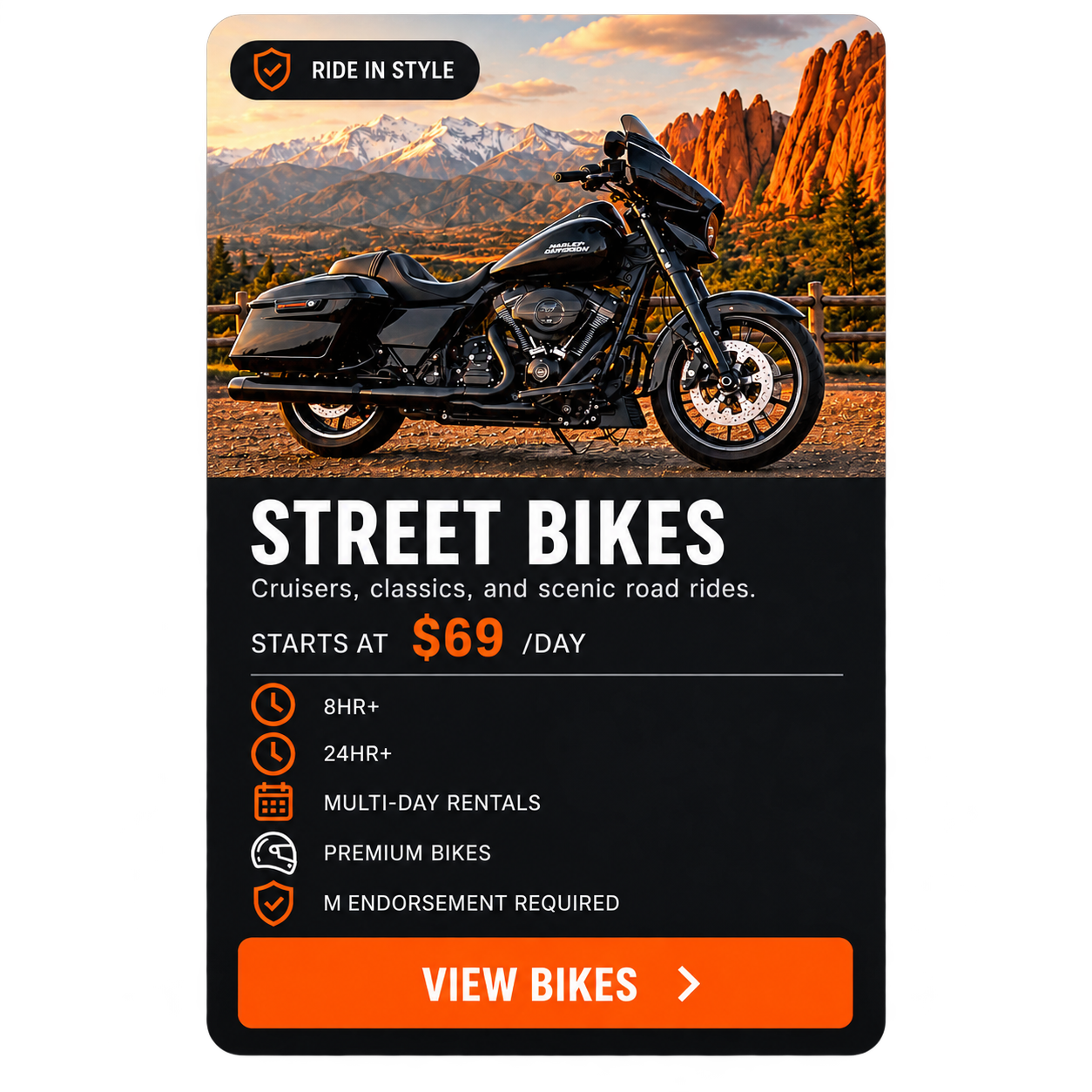 Link to book our street bikes like Harleys, cruisers, sport bikes and scramblers