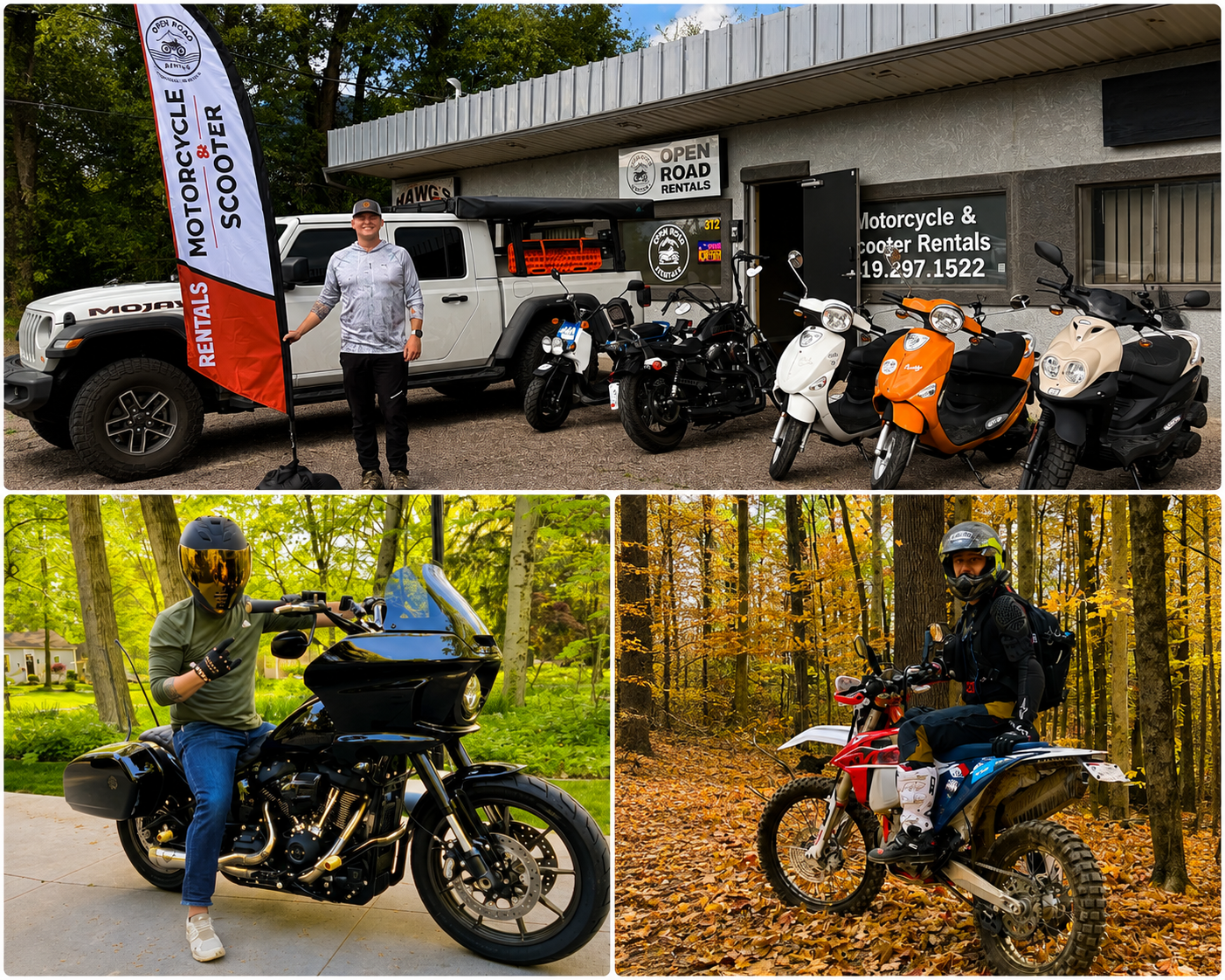 Image shows a motorcycle and scooter rental shop with a row of scooters and motorcycles outside, along with two individuals sitting on a black motorcycle and riding an off-road motorcycle in a forested area.
