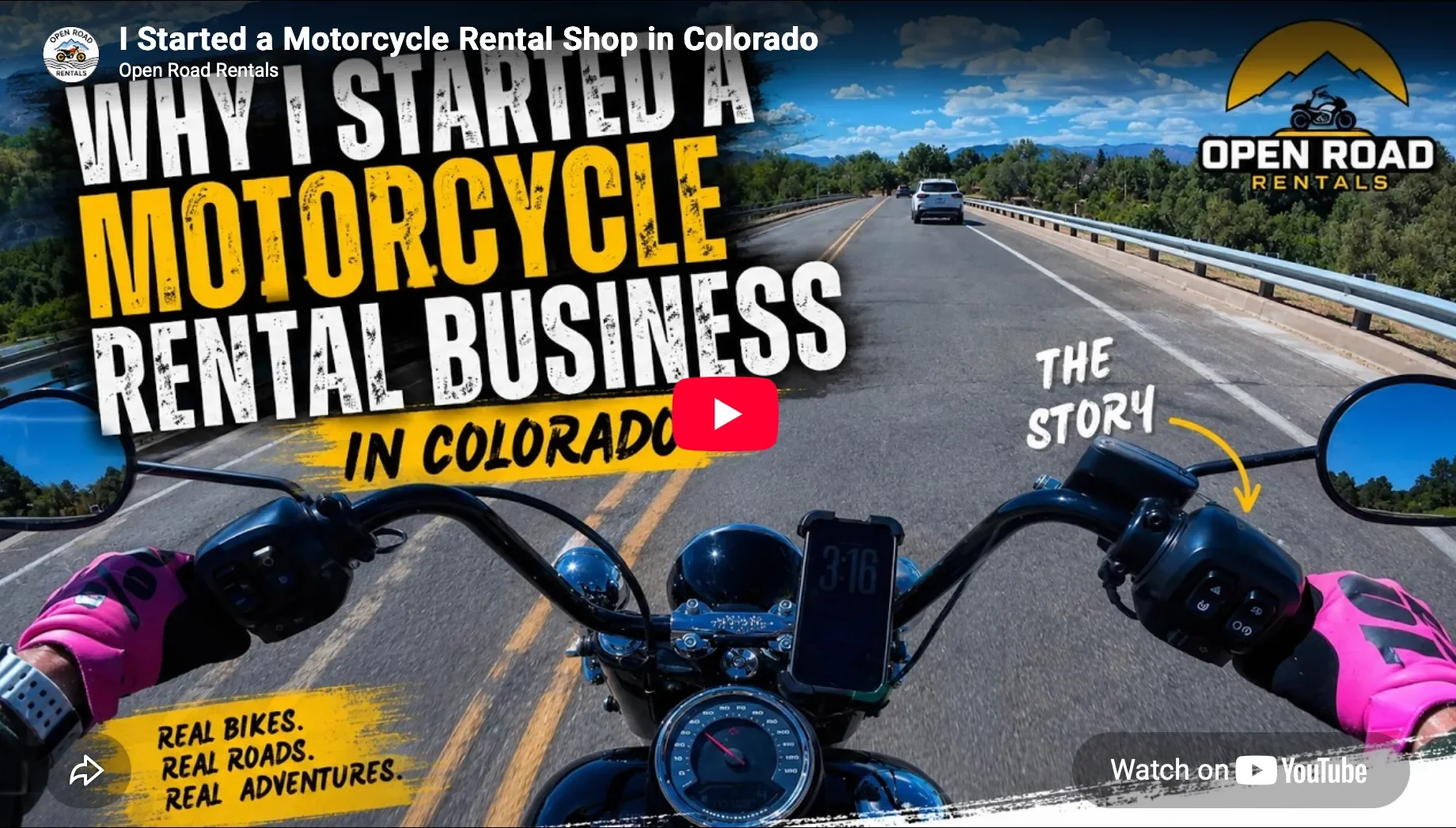 A view from a motorcycle rider on a highway in Colorado, showing dashboard and road ahead, with overlay text about starting a motorcycle rental business in Colorado, branded as Open Road Rentals.