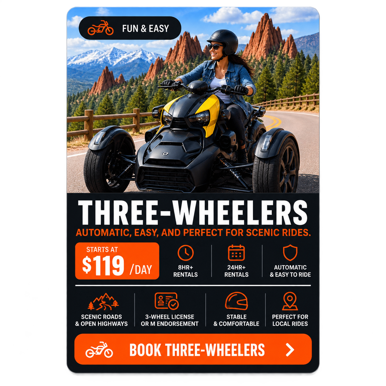 A promotional flyer for three-wheelers with a woman riding a yellow and black three-wheeler on a scenic mountain road, featuring mountain peaks and trees in the background. The flyer highlights features such as easy operation, scenic routes, flexible rentals, and affordability, with booking information and icons indicating rental durations and license requirements.