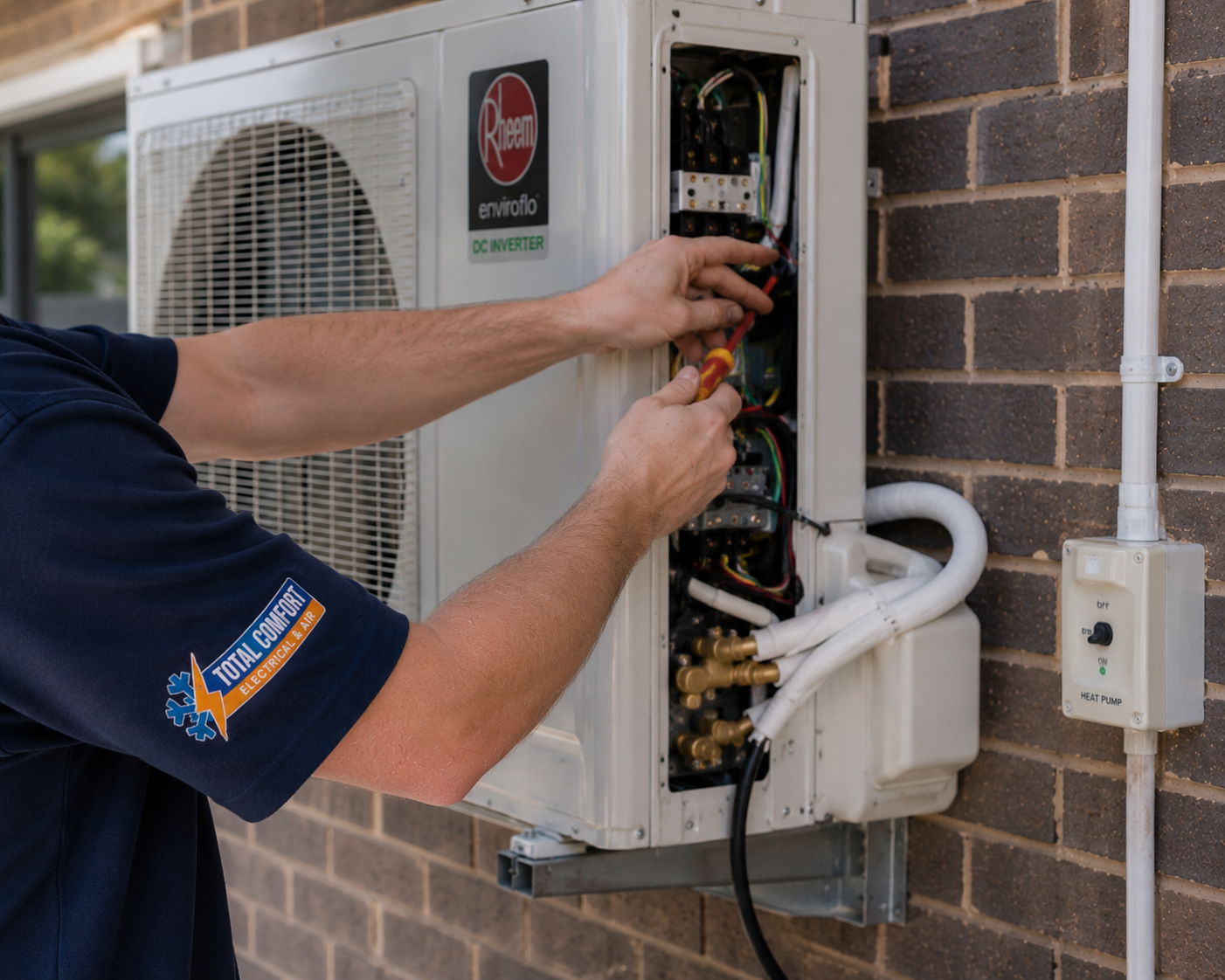 A technician performing maintenance on an outdoor air conditioning unit, which is installed against the side of a house with gray siding.