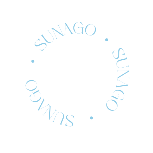 Circular arrangement of the words 'SUNAGO' repeated four times with blue text and small dots in between on a black background.
