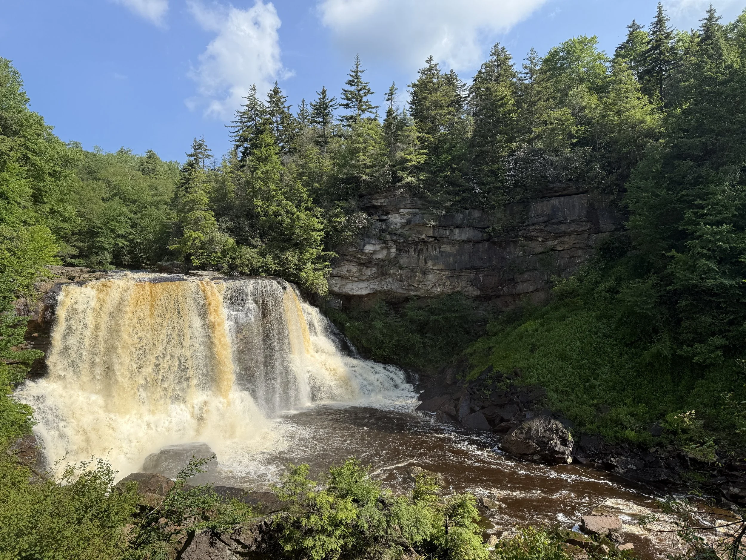 Blackwater Falls in Tucker County, WV is a major tourist attraction with trails for hiking and amazing views.