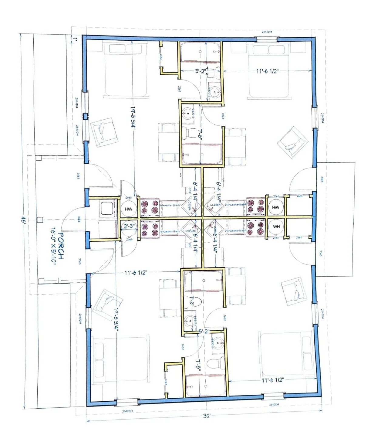 Architectural floor plan of a duplex apartment with two units, each featuring bedrooms, bathrooms, kitchens, living areas, and porches, with marked dimensions and layout details.