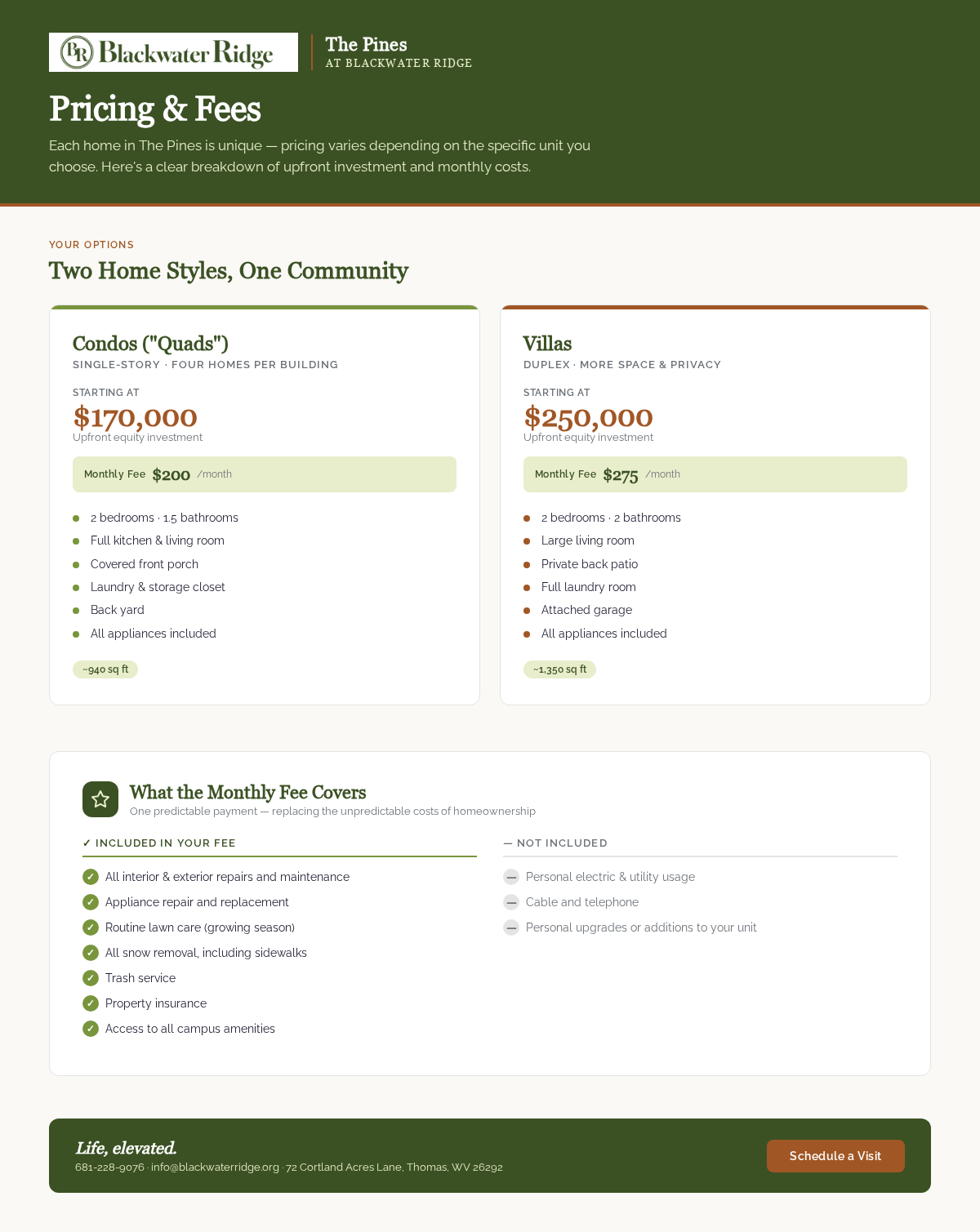 Pricing and fees for villas and condos at The Pines in Thomas, WV make entry into the community easy and budgeting simple.