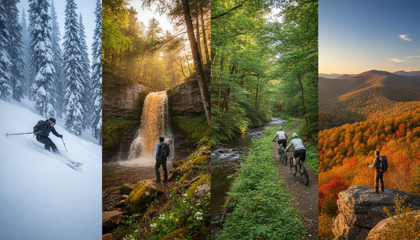 Four seasons of outdoor recreation in Tucker County, WV — skiing, waterfall hiking, mountain biking, and fall foliage at Blackwater Ridge.