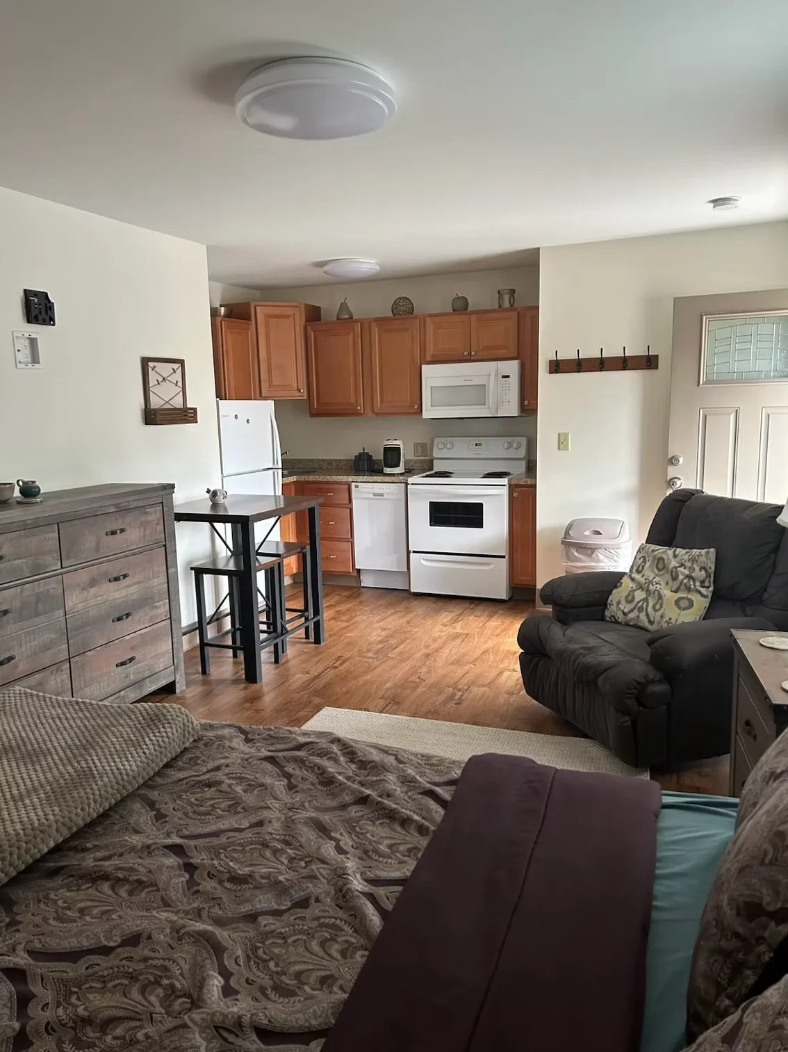 Each studio Rapids Apartment has an open living room and kitchen with wooden floors, brown couch with decorative pillows, small dining table with stools, white appliances, and wood cabinets in a cozy home.