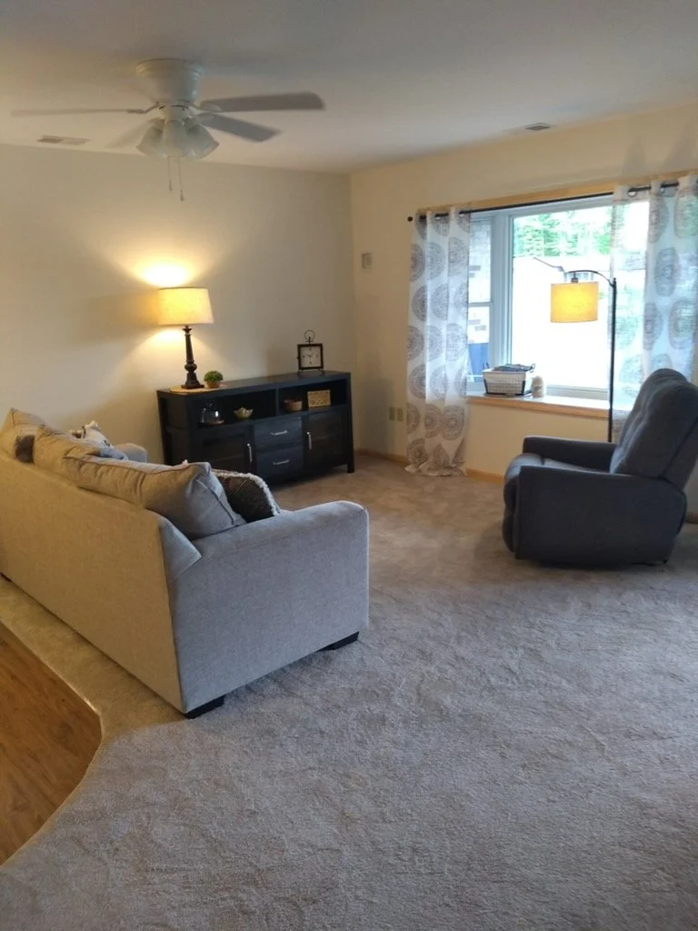 Living room with beige carpet, gray sofa, black armchair, window with patterned curtains, and a black sideboard with lamp and decorative items.
