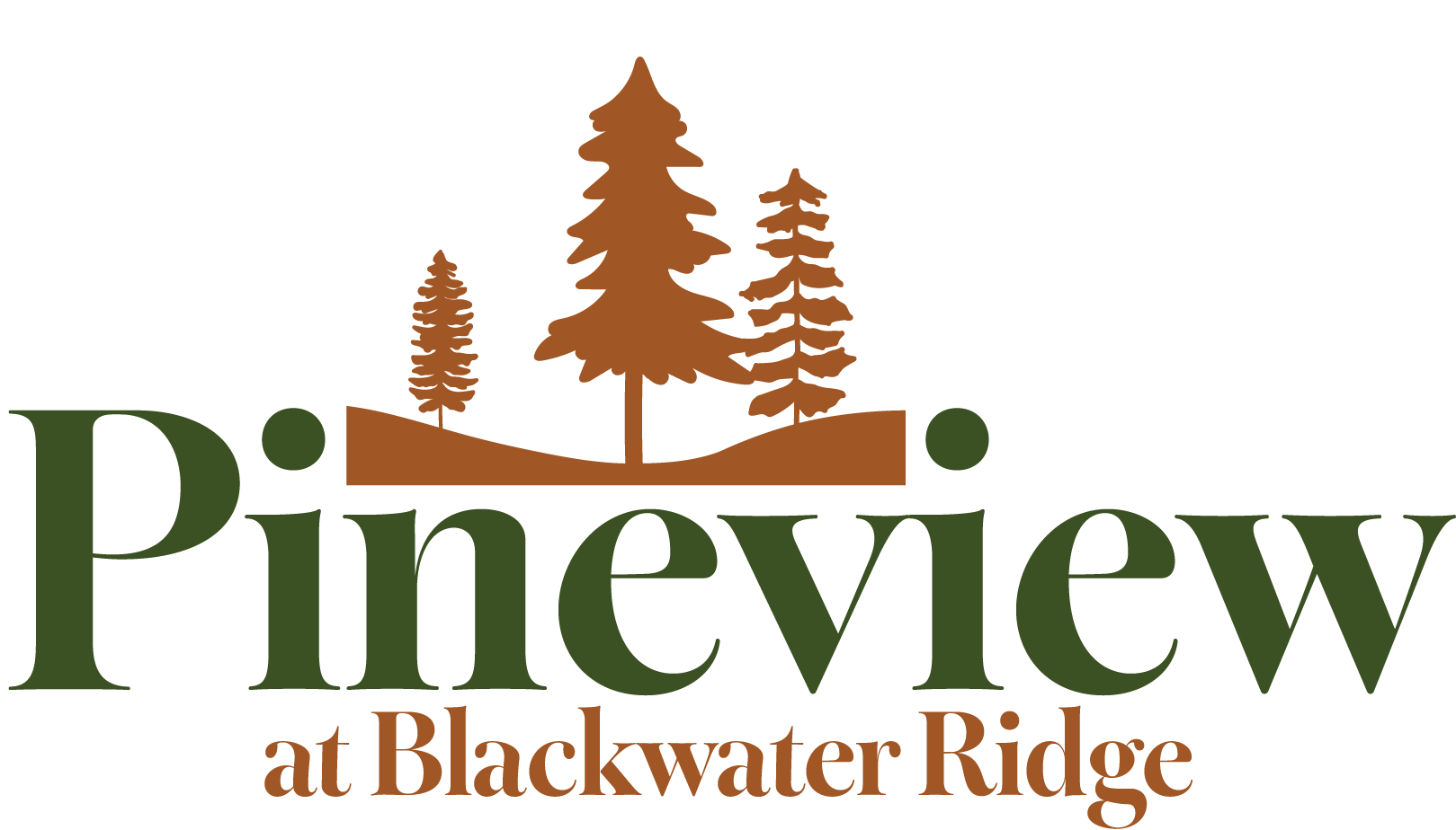Logo for Pineview at Blackwater Ridge featuring three pine trees above the text