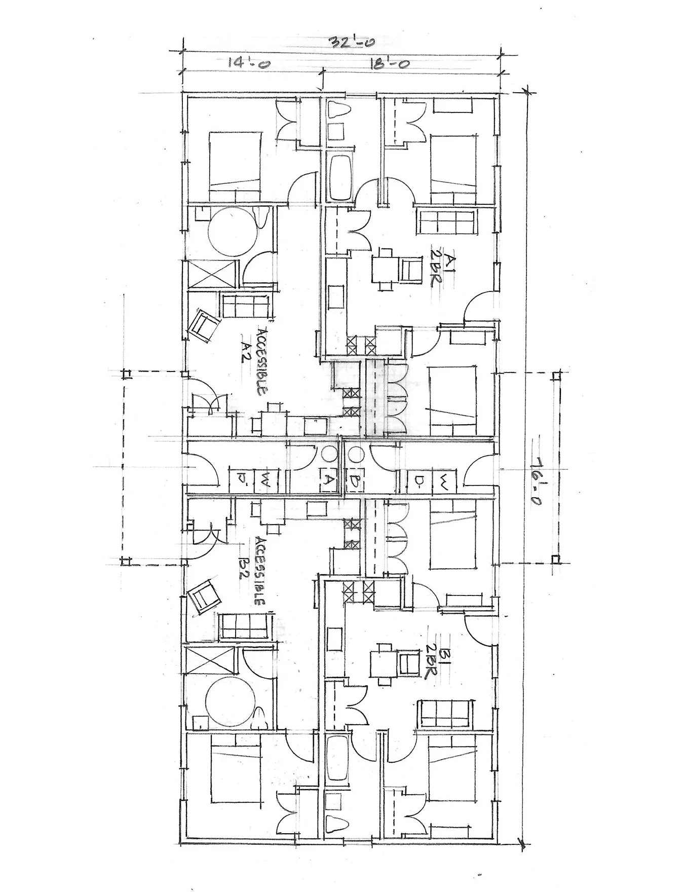 Floor plan drawing of a multi-unit residential building with multiple rooms, kitchens, bathrooms, and living areas.