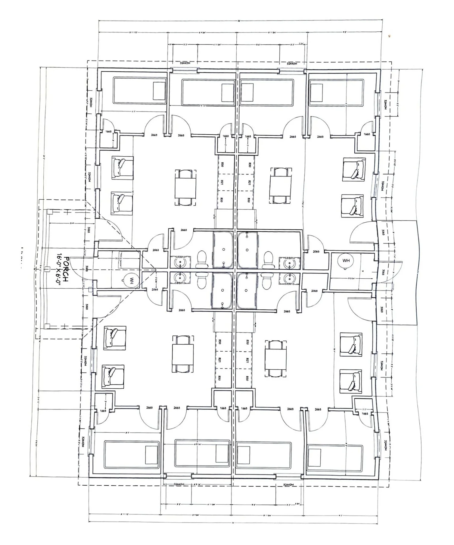 Architectural floor plan of a multi-unit residential building with individual apartments, bathrooms, kitchens, and porches.