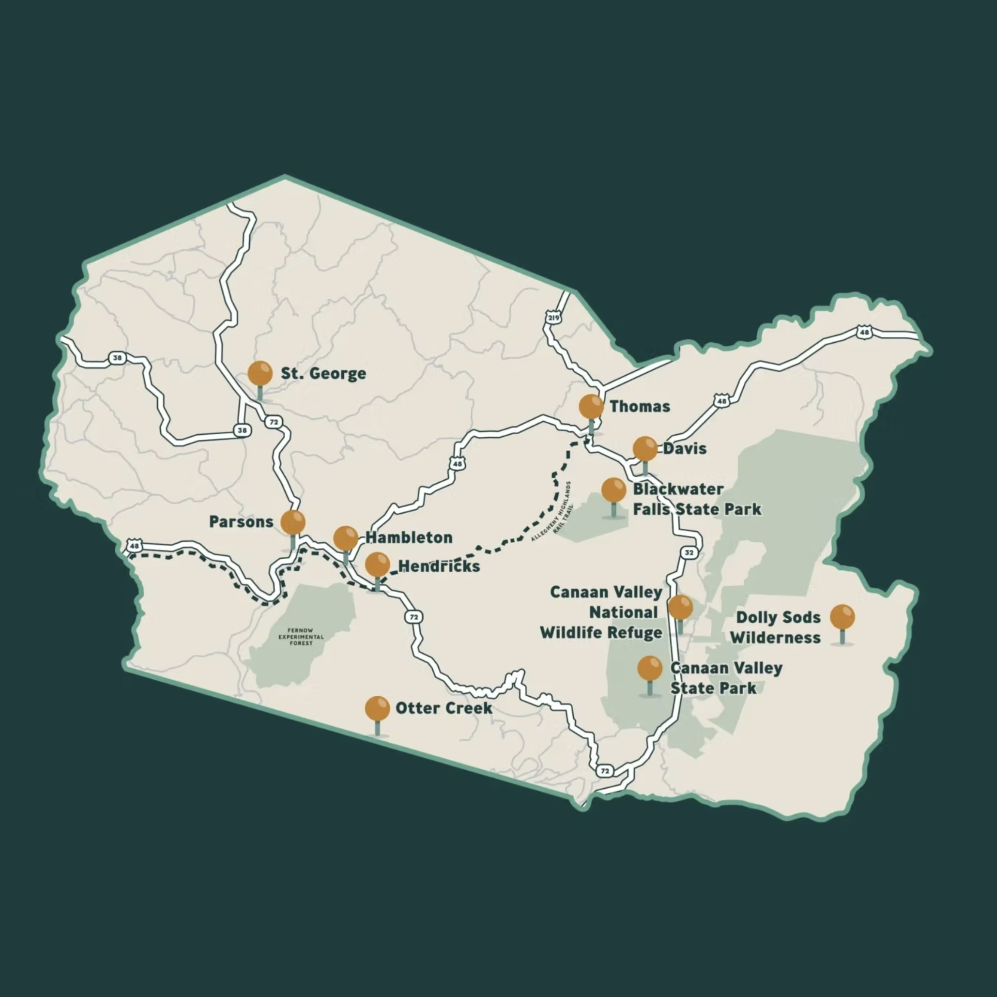 Map of a region with various marked locations including St. George, Parson, Hamilton, Hendricks, Otter Creek, Thomas, Davis, Blackwater Falls State Park, Canaan Valley National Wildlife Refuge, Canaan Valley State Park, Dolly Sods Wilderness, and others.