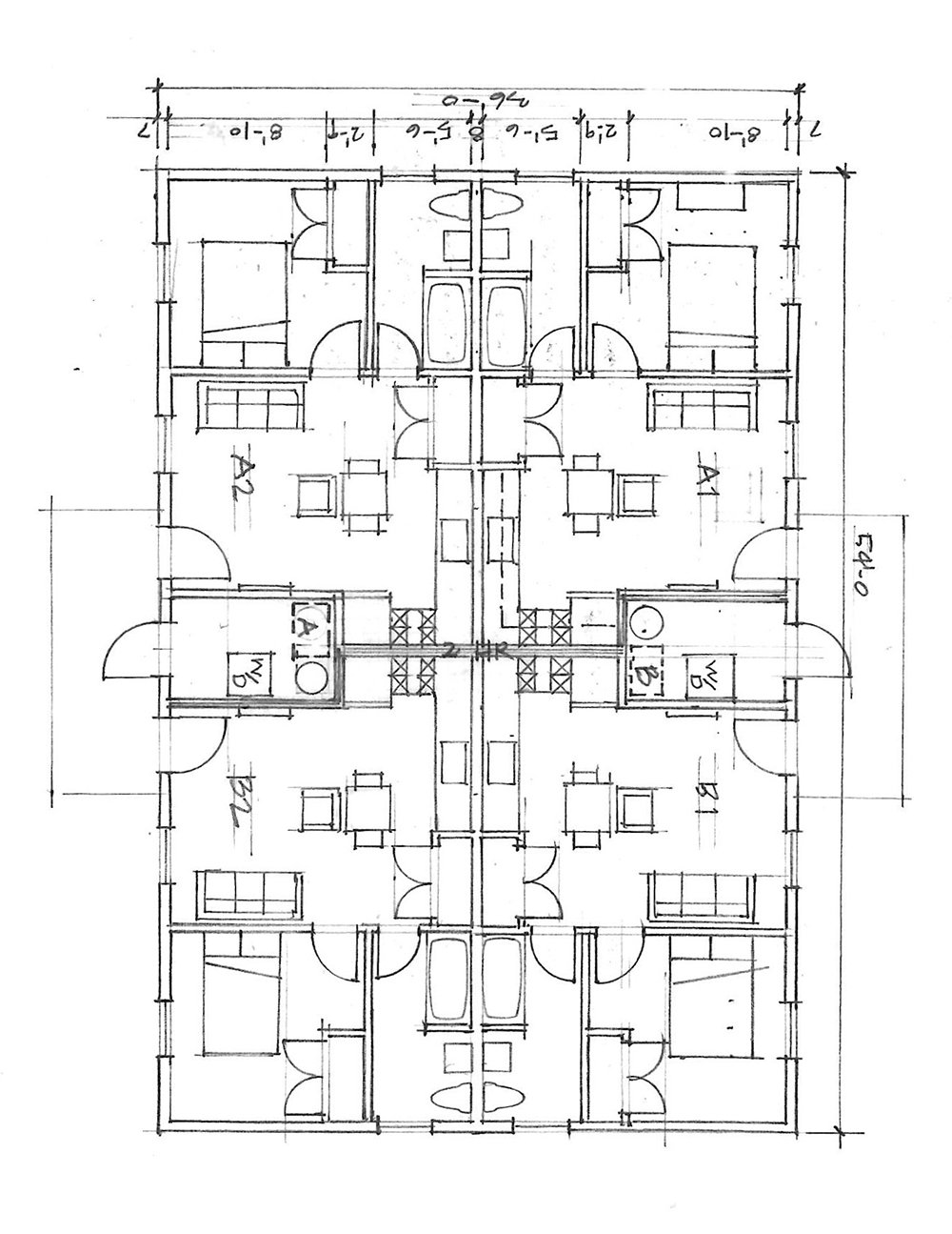 Architectural floor plan of a multi-unit residential building showing individual apartments with bedrooms, bathrooms, kitchens, and living areas, with measurements and door placements.