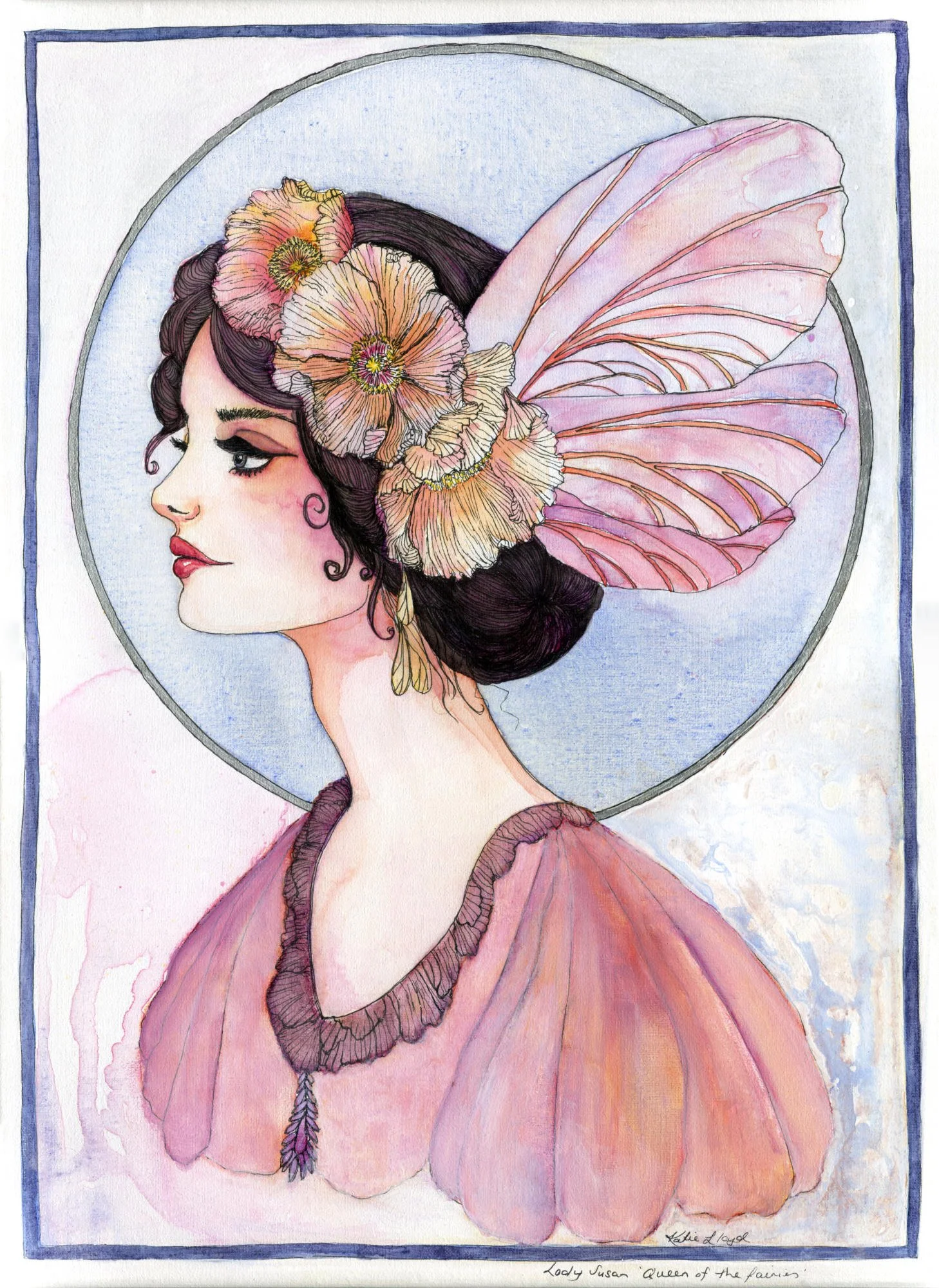 Watercolour and ink portrait of a fairy queen in profile, with poppies in her dark hair, pink rose and lilac wings and a silver moon behind her, by Katie Lloyd