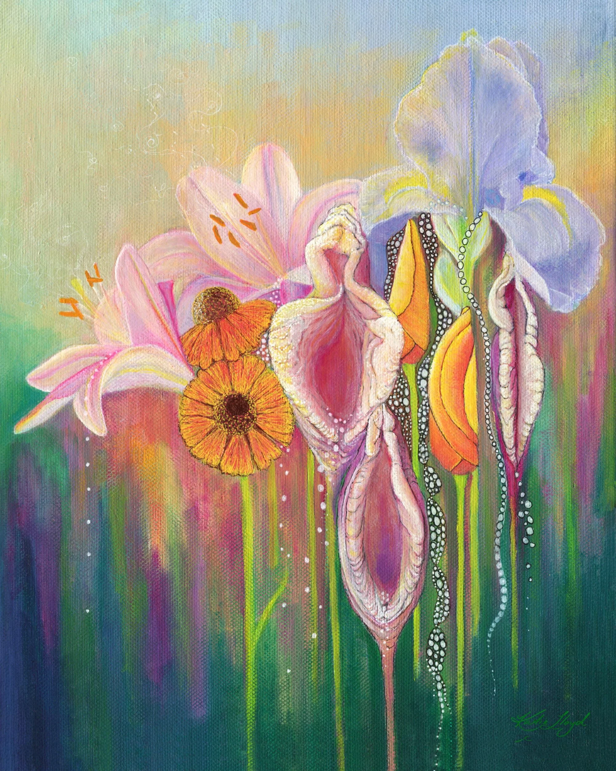 Yoni Nectar, vagina flower blooms, feminist empowerment lesbian yoni art queer vulva print