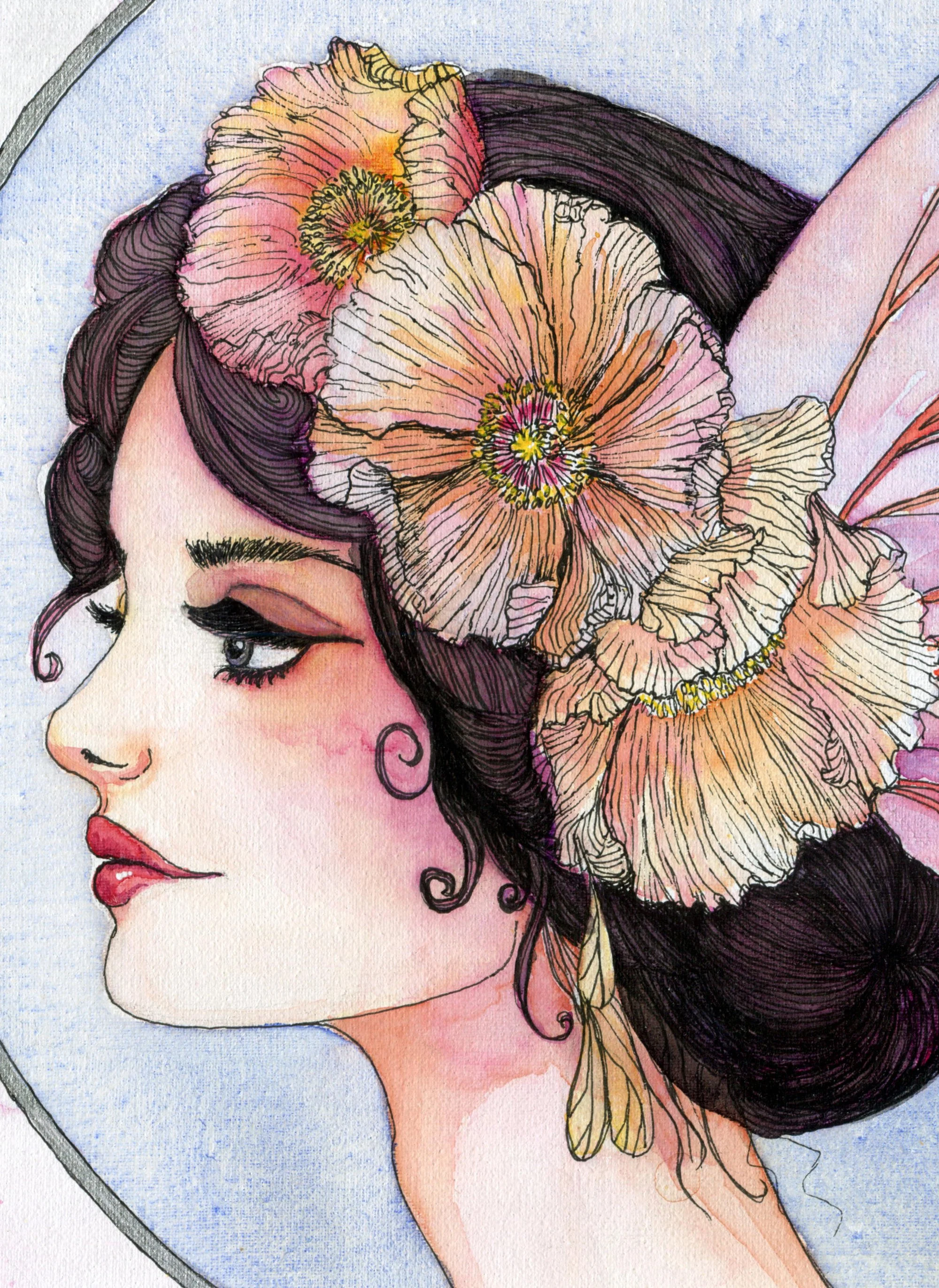 Close-up detail of Lady Susan, Queen of the Fairies: delicate ink linework and watercolour poppies woven through her dark hair