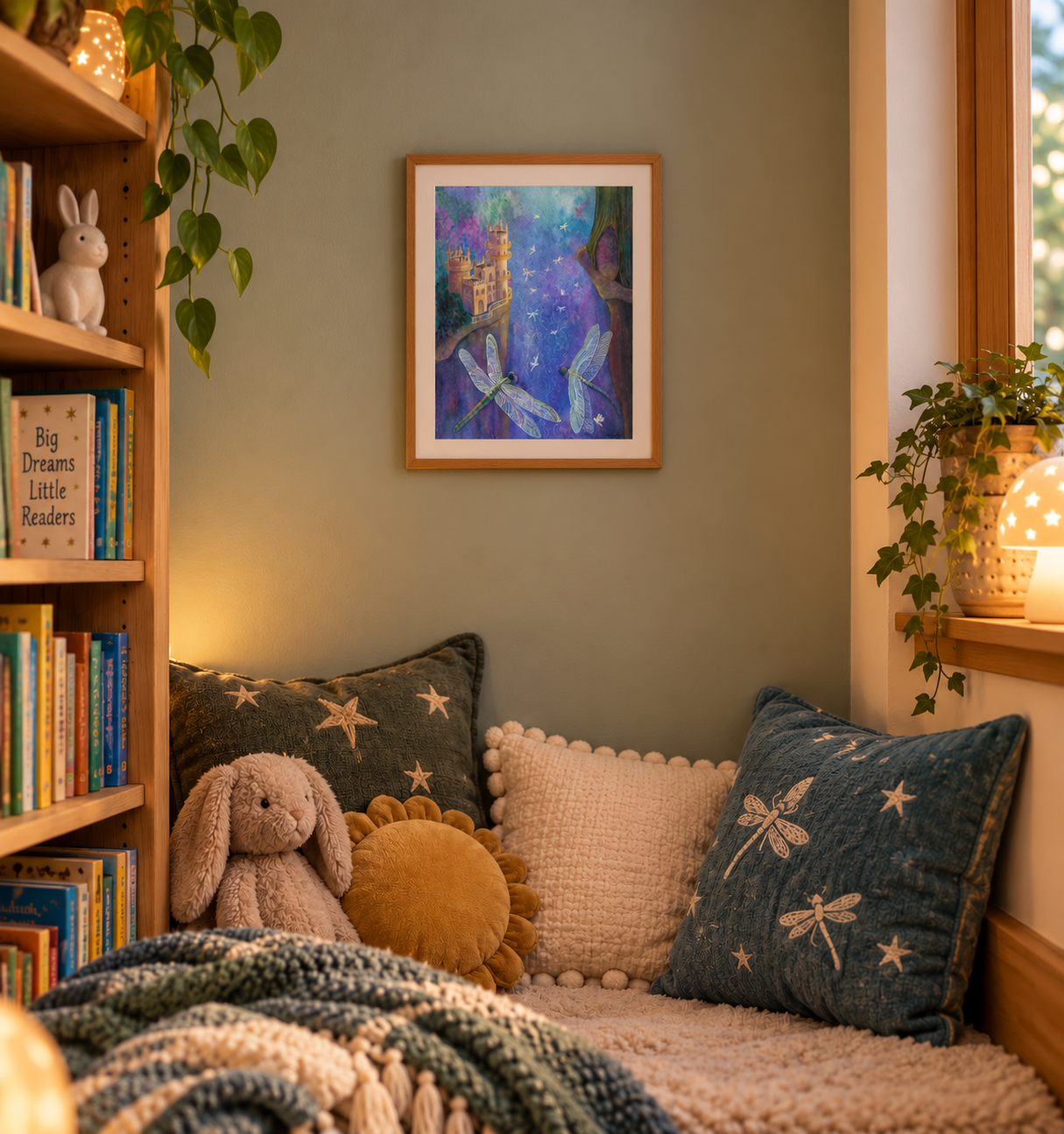 Dragonfly Cavern framed fantasy art print above a cosy children's reading nook with bookshelves, cushions and a toy bunny
