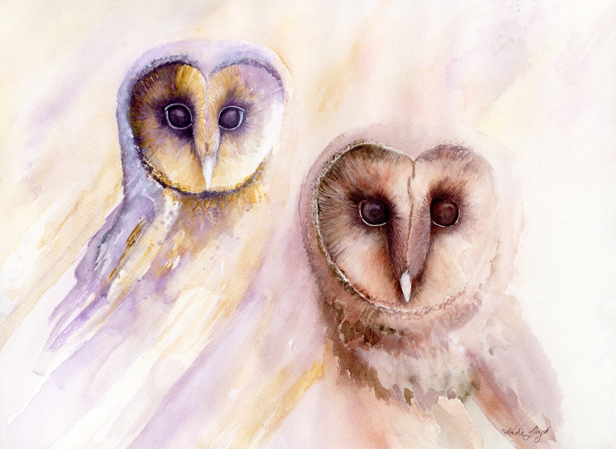 Watercolour painting of two young barn owls side by side, one in lavender and gold and one in warm rose and earthy brown, with soft washes of colour around them, by Katie Lloyd