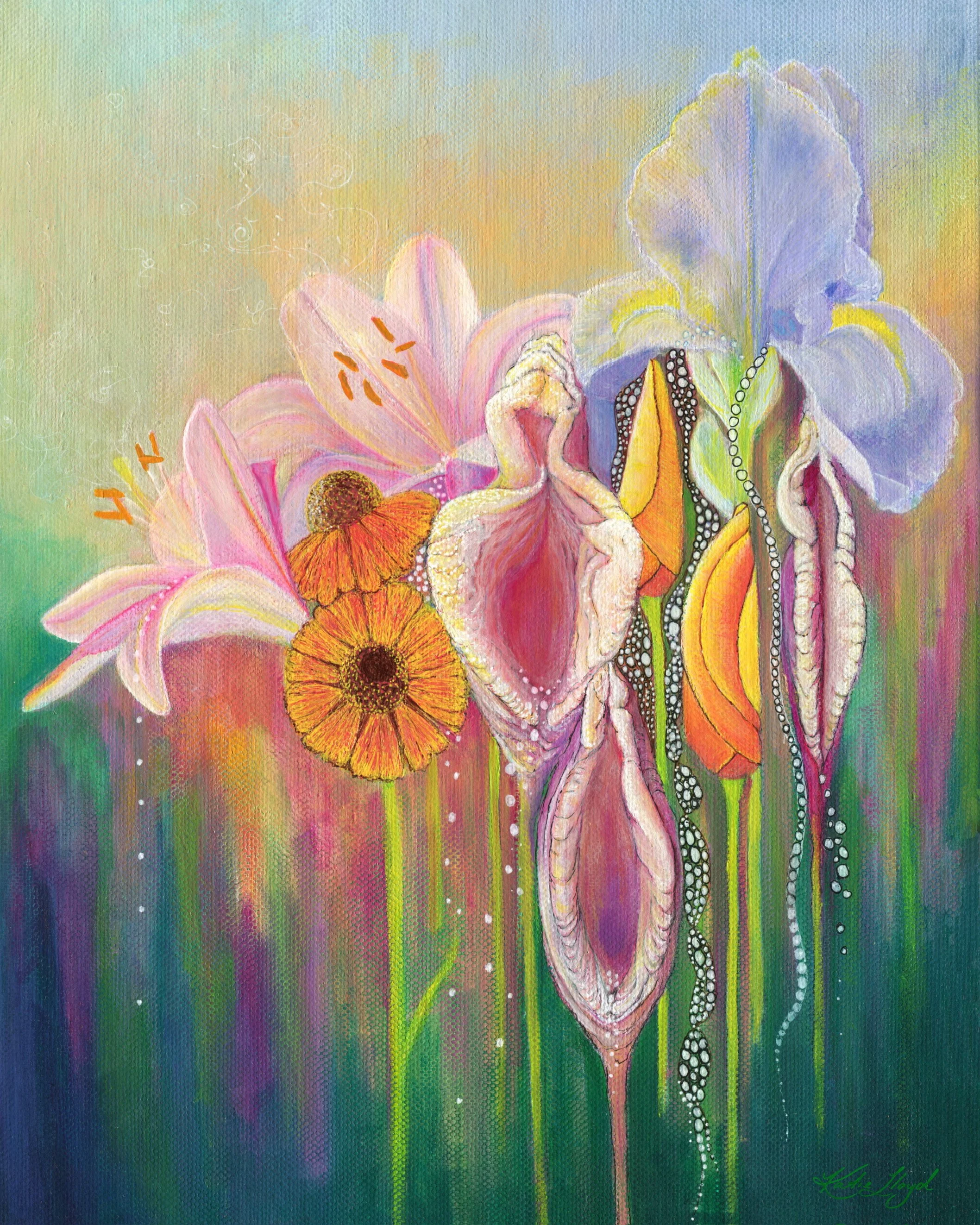 A Yoni floral painting featuring vulva flowers, pink lilies, orange daisies, and a purple iris with vibrant green and rainbow-colored background painted by artist Katie Lloyd