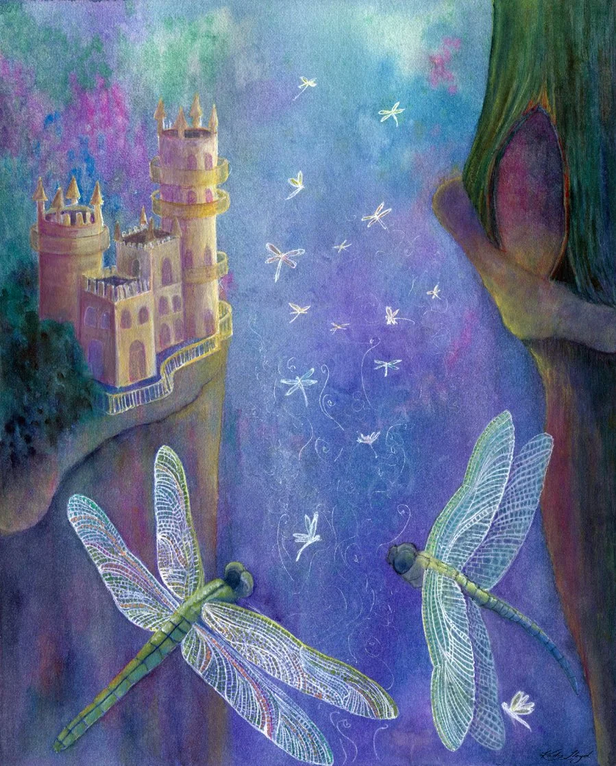 Fantasy watercolour and ink painting of a golden castle on a cliff above a cavern of violet mist, with two lace-winged dragonflies and a stream of glowing dragonflies, by Katie Lloyd