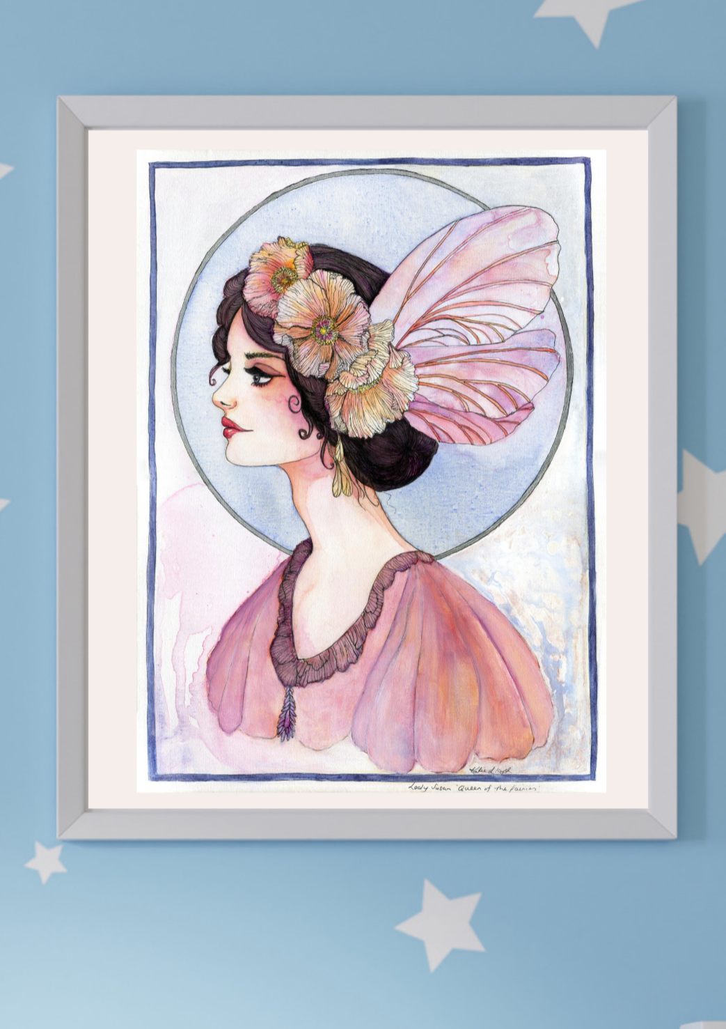 Lady Susan, Queen of the Fairies fairy portrait print in a silver frame on a pale blue starry wall