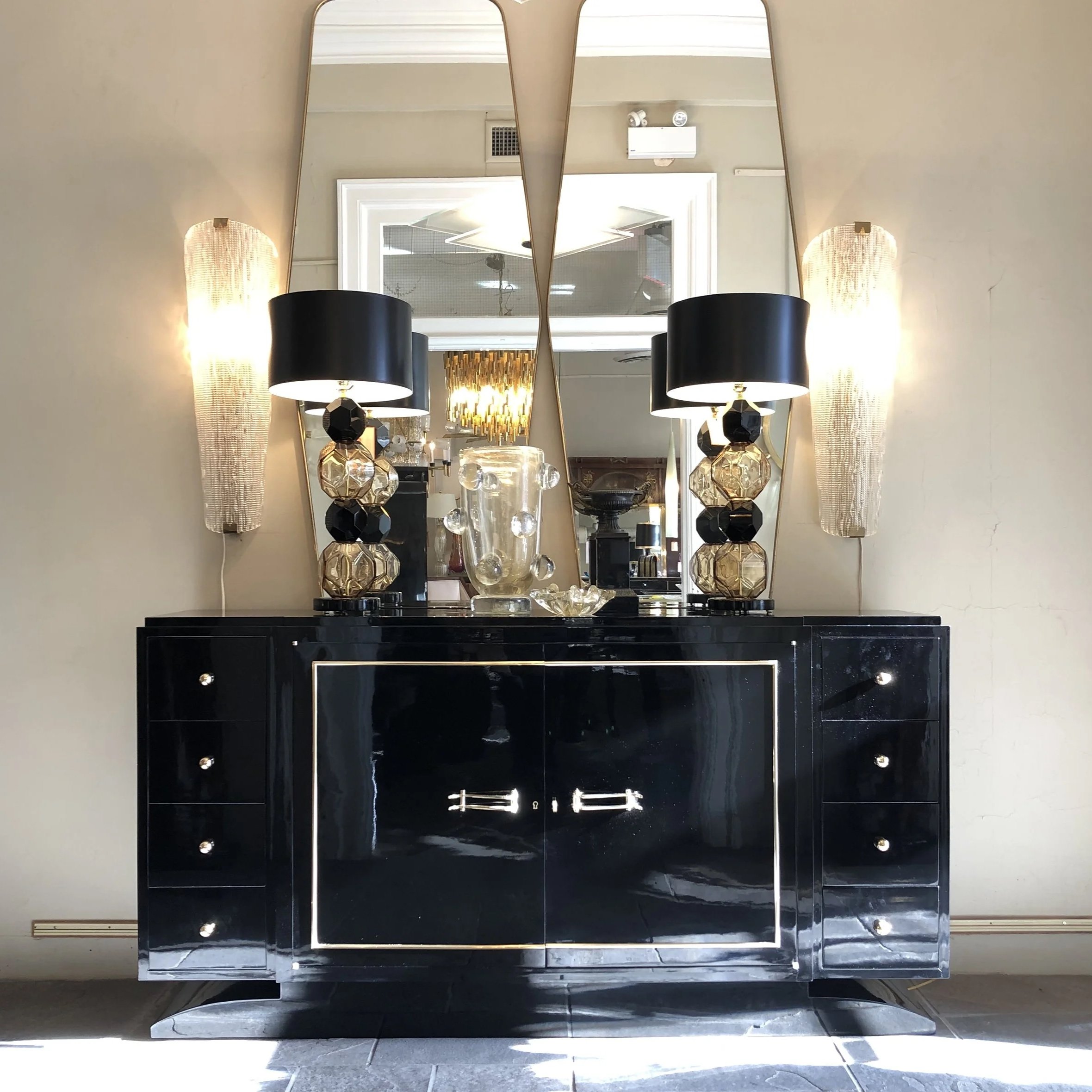 Shane Aaron Design 1940's Black Lacquer Buffet, Italian Murano Glass Lamps, Brass Framed Mirrors, Murano Glass Wall Sconces