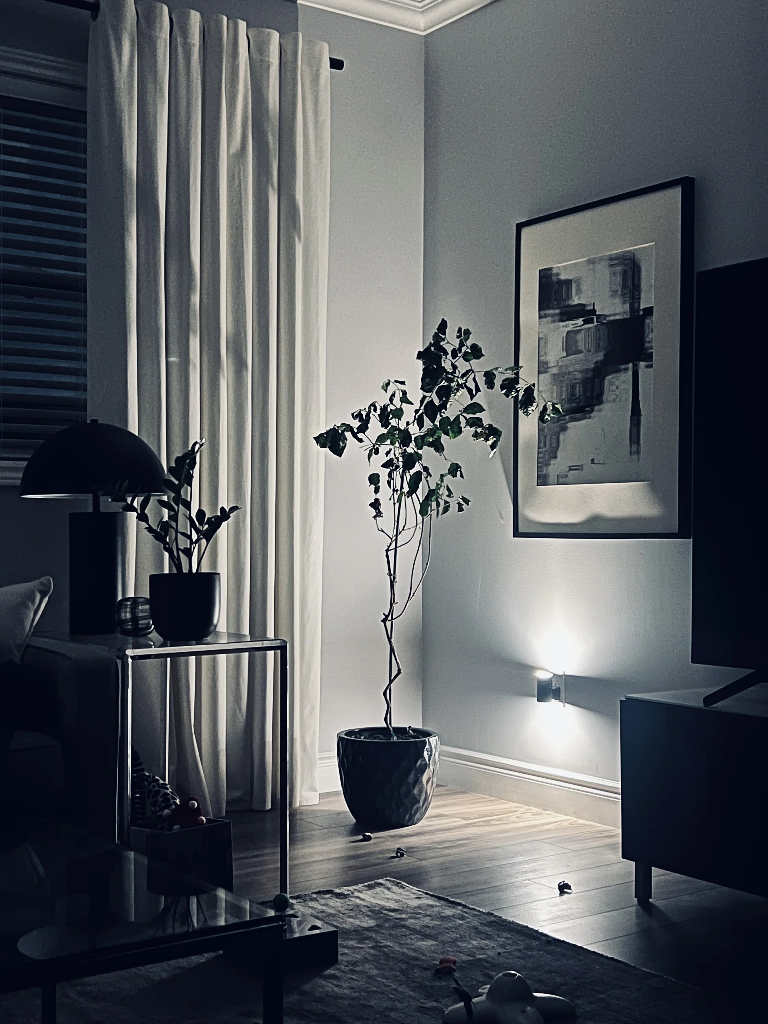 Shane Aaron Design 19 years in the design industry serving the yorkdale.  Photography shot displaying a designed corner with stage lighting.  The room is dimly lit, with modern Italian mid-century lamp.  Shane Arron Design Chandelier Cleaning expert.