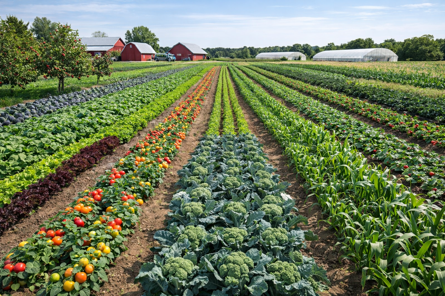 A farm with red barns, silos, green fields, trees, and a blue sky with clouds.