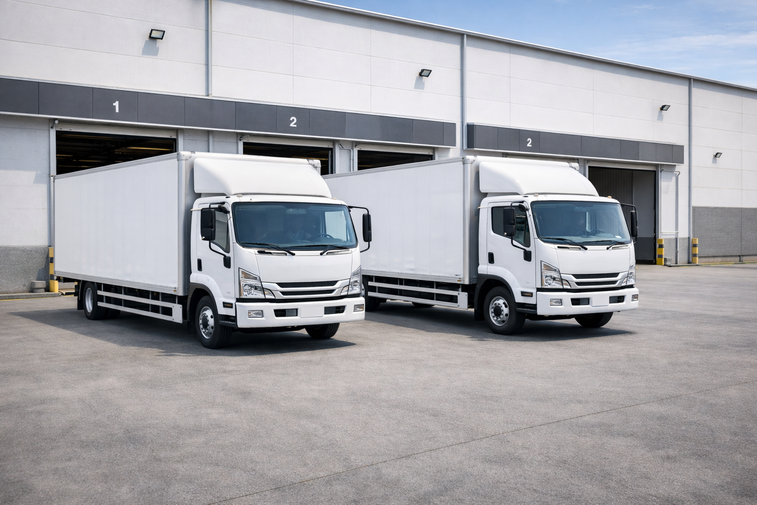 Two white box trucks parked outdoors on a paved surface with a building and trees in the background.