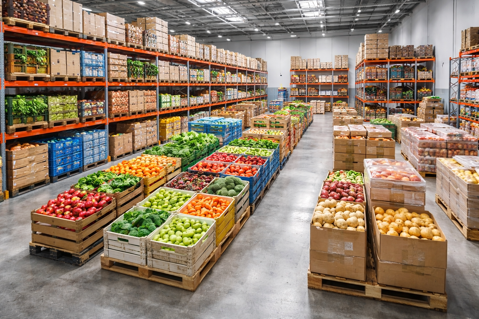 Store aisle with pallet stacks of household items, including pillows, cleaning supplies, and plastic containers, in an organized wholesale warehouse.