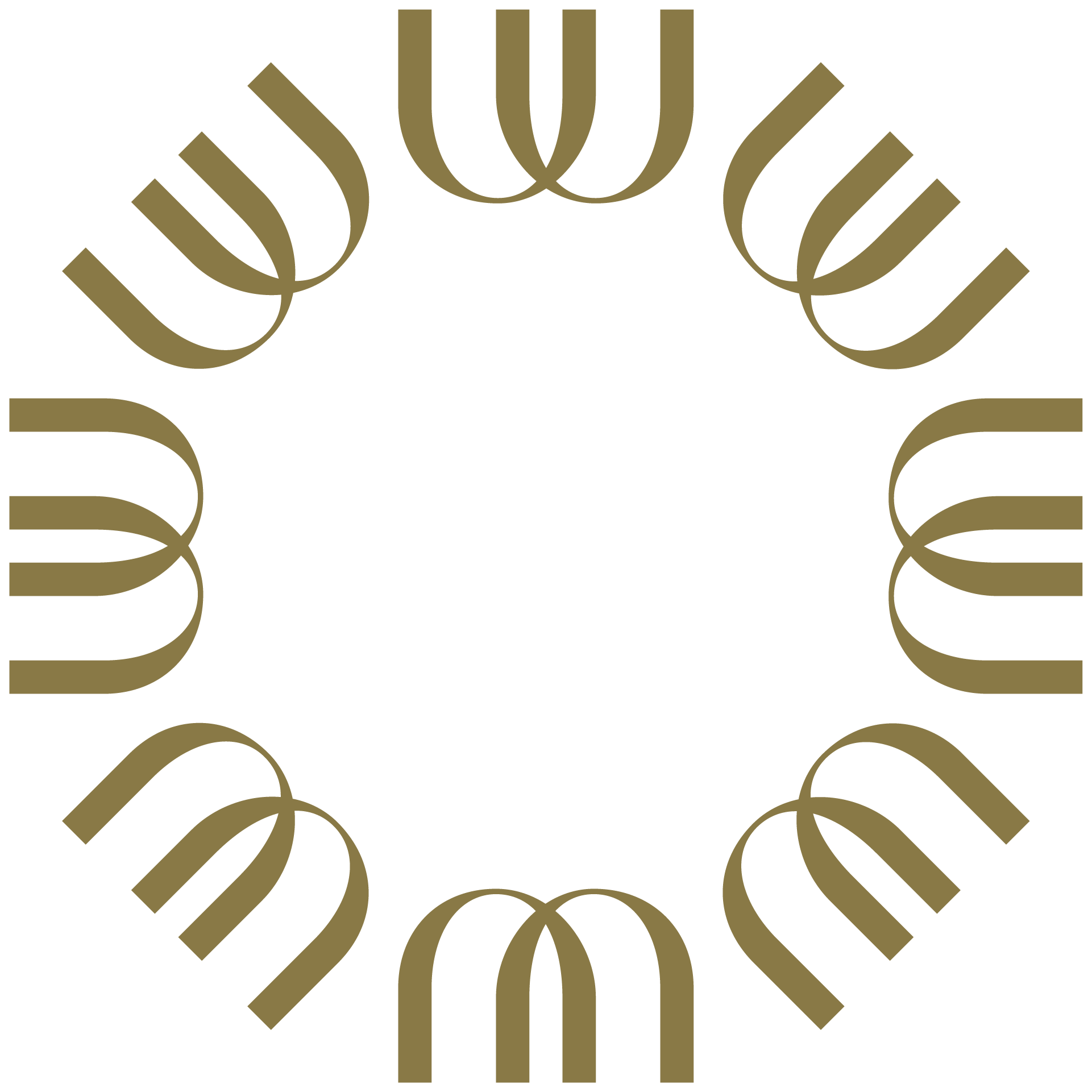 Graphic design featuring the letter 'W' repeated in a circular pattern in gold.