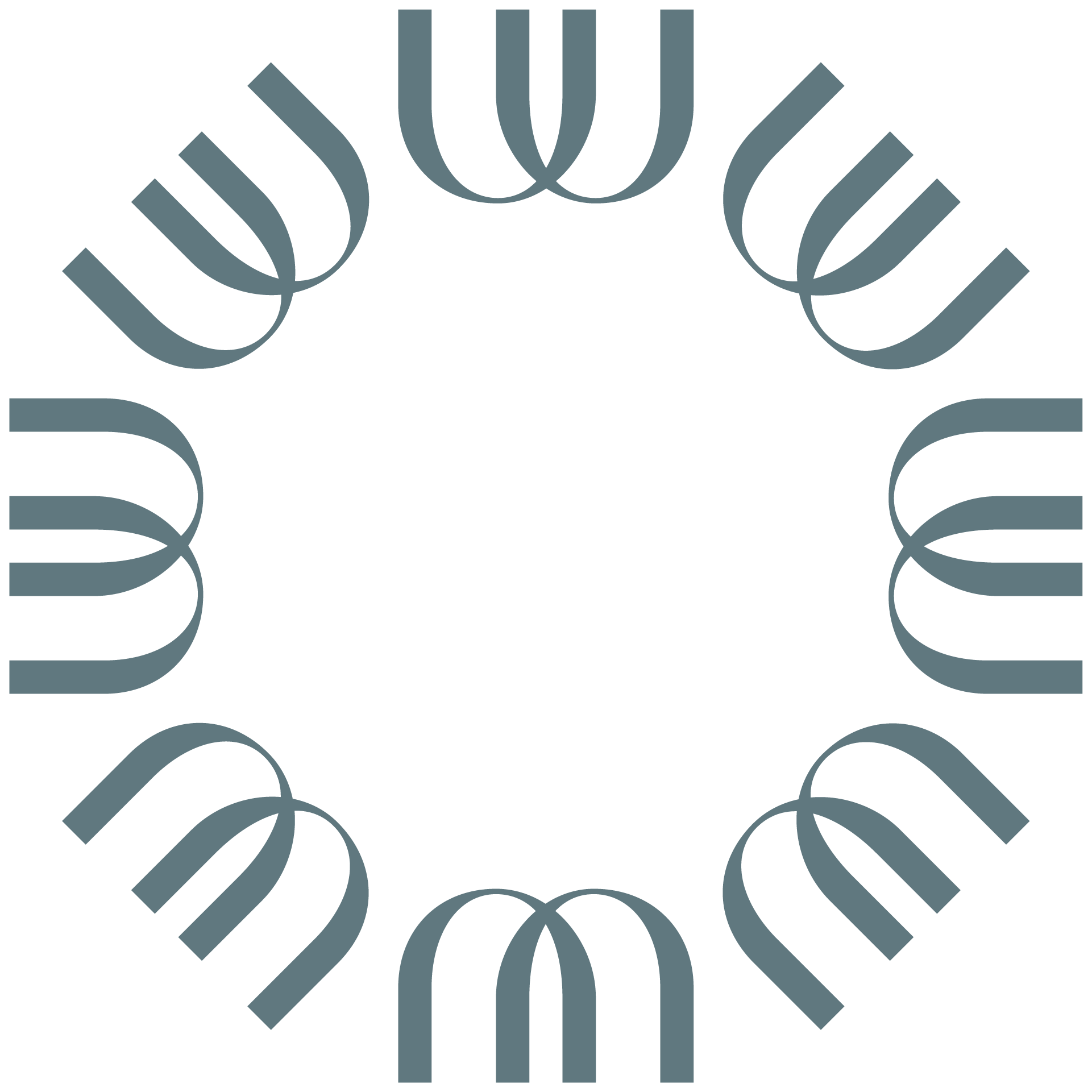 Graphic design featuring the letter 'W' repeated in a circular pattern in a dusty blue.