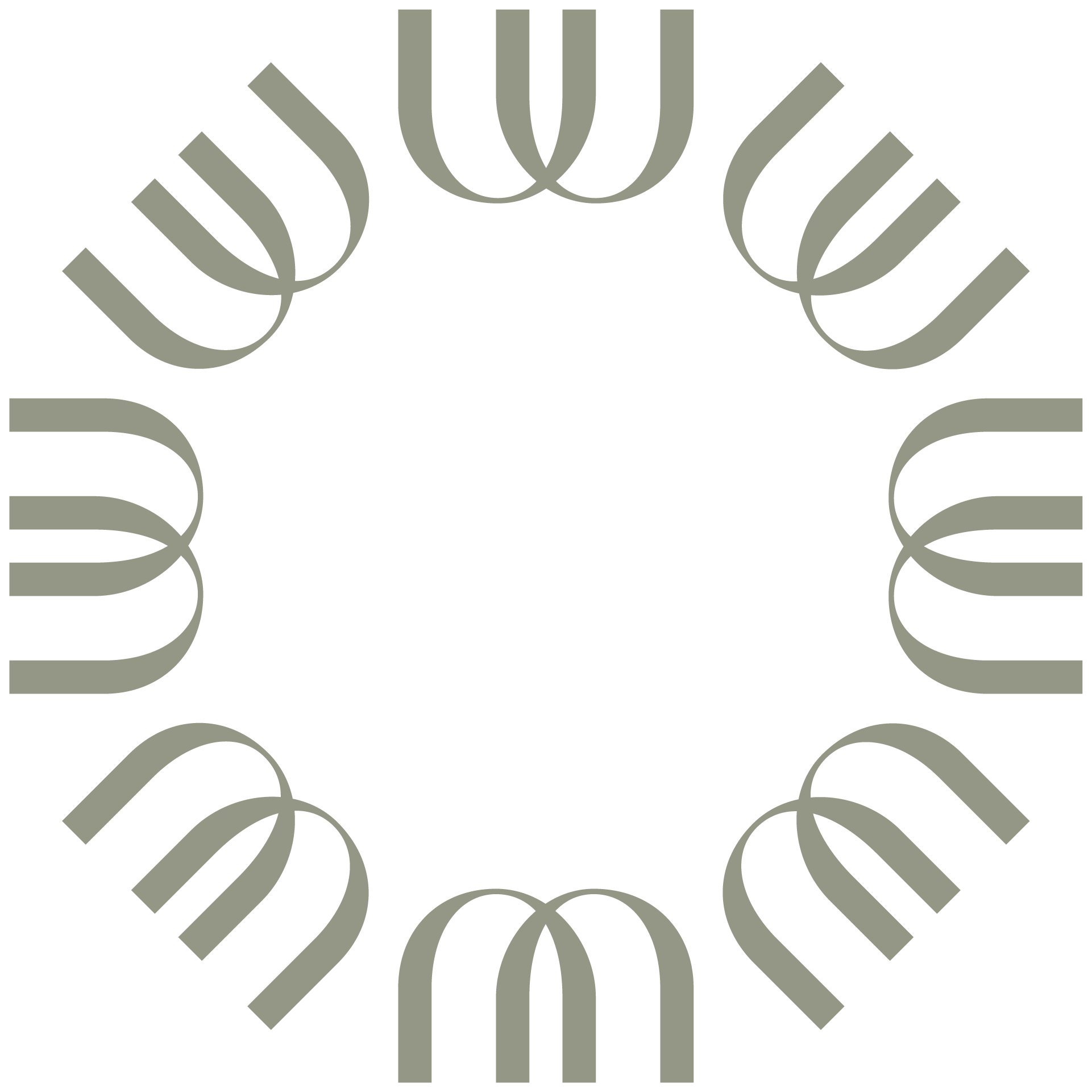 Graphic design featuring the letter 'W' repeated in a circular pattern in sage green.