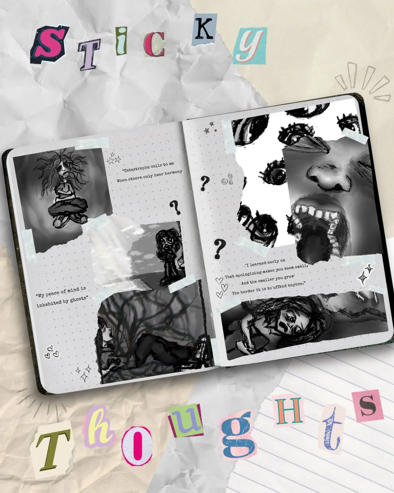 Sticky thoughts stuck in Drew&rsquo;s sketchbook Worry&rsquo;s Whispers is out now! link in bio!