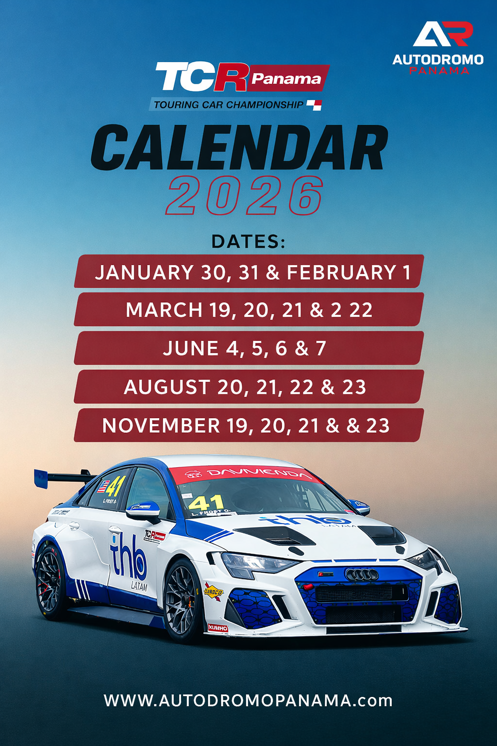 2026 TCR Panama touring car championship calendar with dates and a race car at the bottom, set against a gradient sky background.
