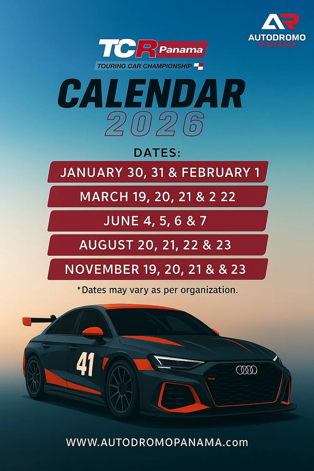 2026 racing calendar for TCR Panama with dates listed from January to November, featuring a black and orange race car with the number 41, and the website www.autodromopanama.com at the bottom.