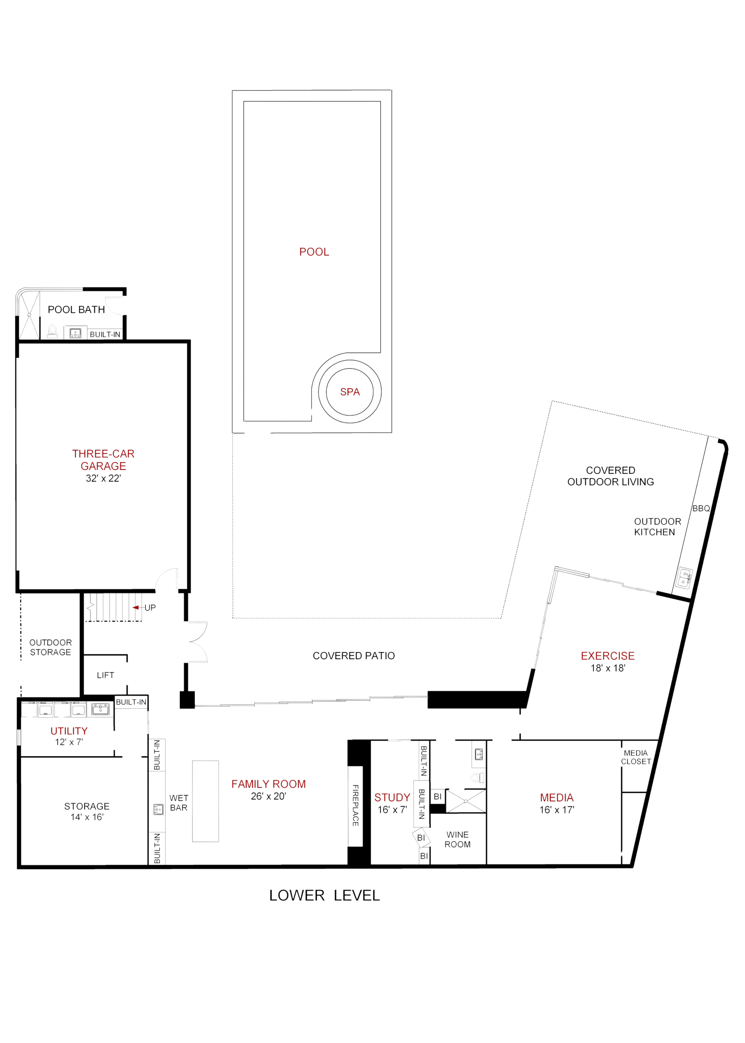 A detailed floor plan of a house's lower level, including a garage, family room, media room, exercise area, outdoor kitchen, pool, spa, and various storage and utility spaces.