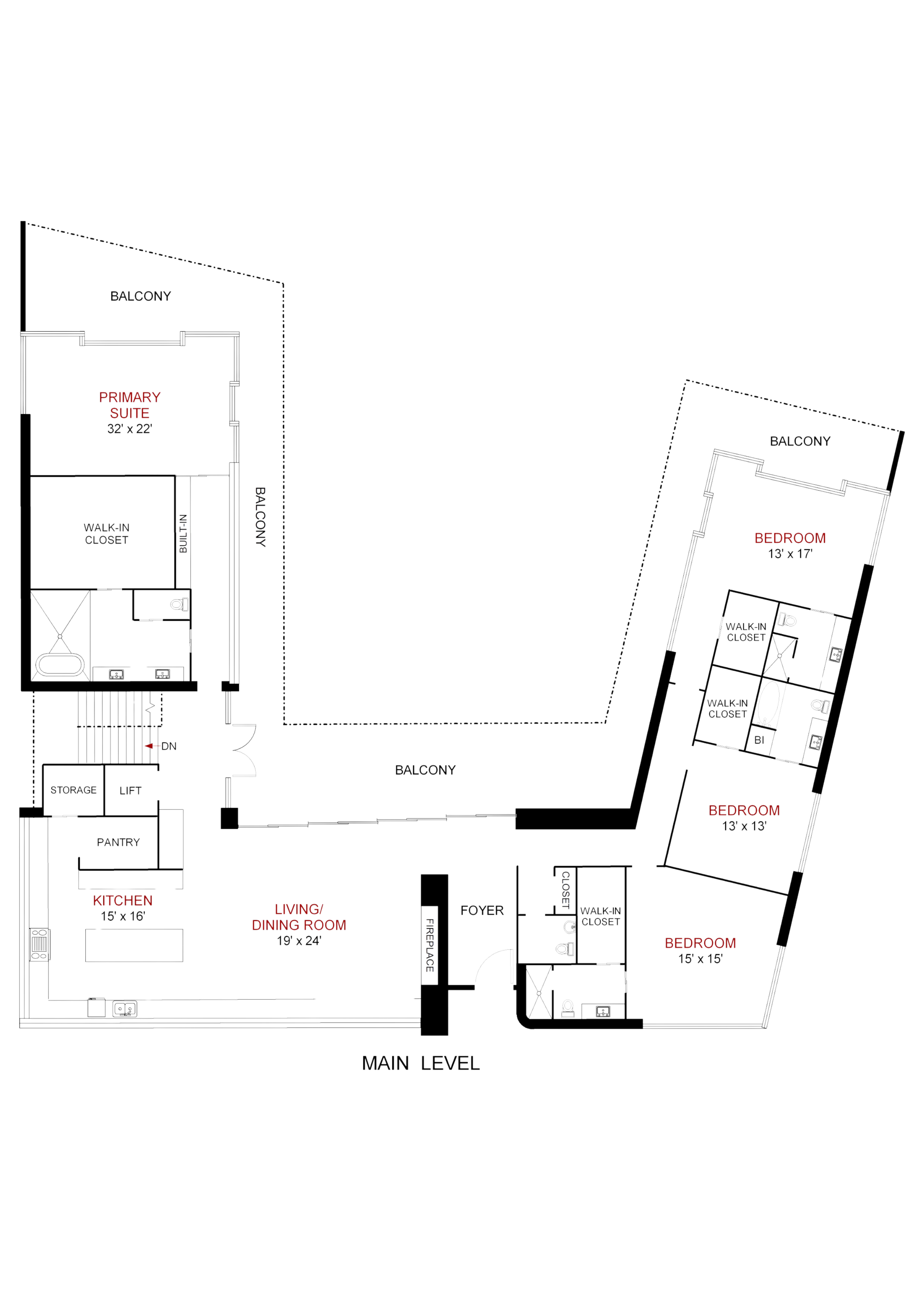 Floor plan of a house showing multiple rooms including living/dining room, kitchen, bedrooms with walk-in closets, bathrooms, balconies, storage, pantry, and foyer, with labels and dimensions.