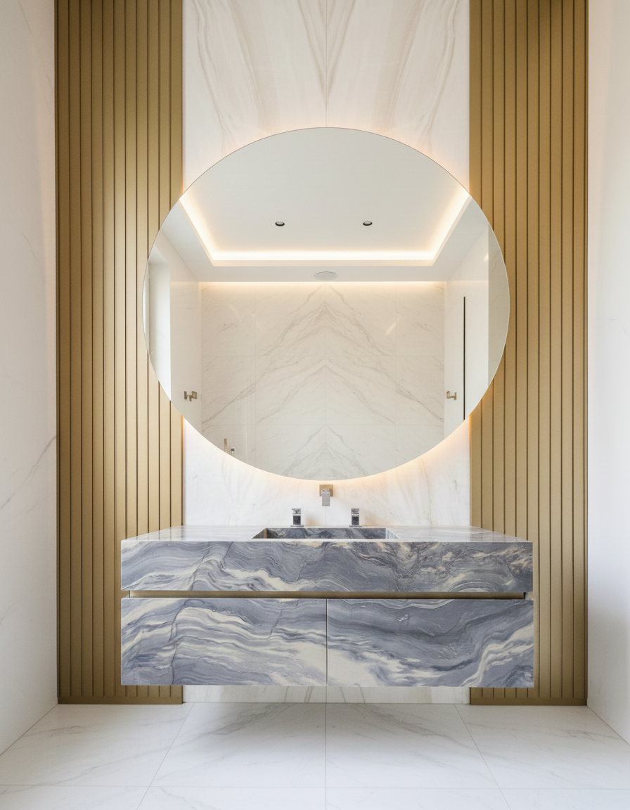 Custom Italian marble bathroom vanity crafted for a luxury residential interior